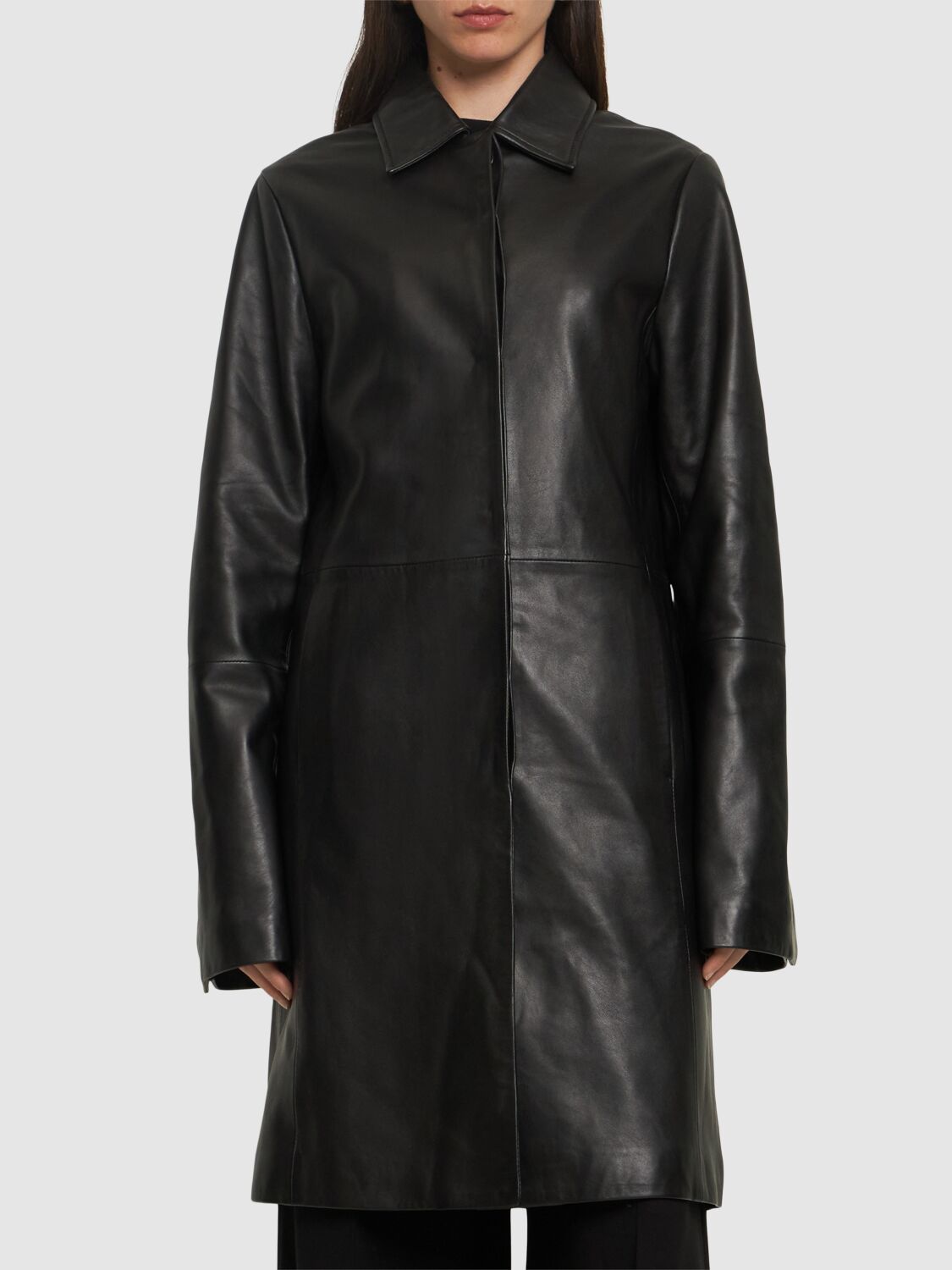 Shop Loulou Studio Gilo Leather Midi Coat In Black