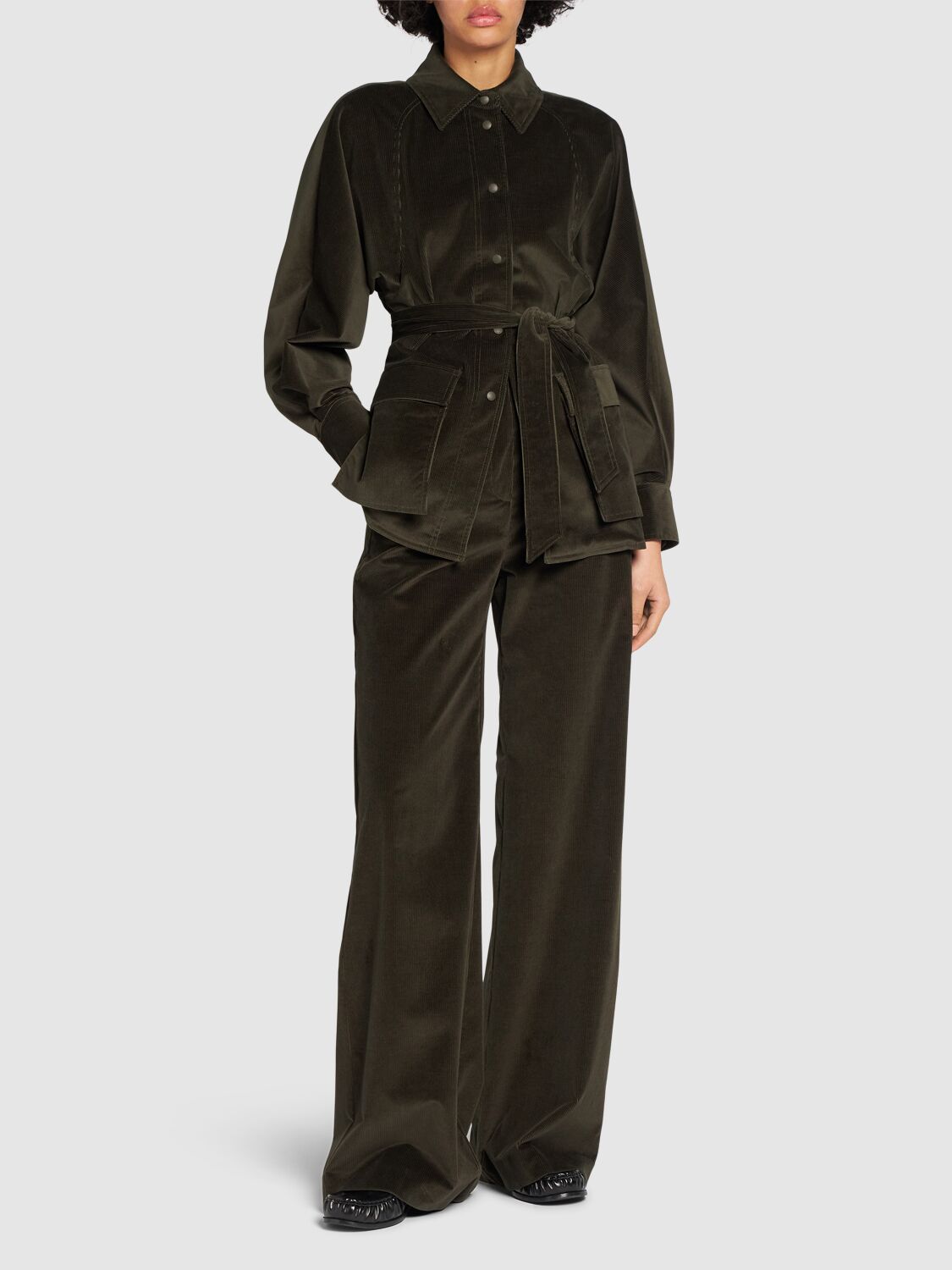 Shop Max Mara Tritone Velvet Wide Leg Pants In Dark Khaki