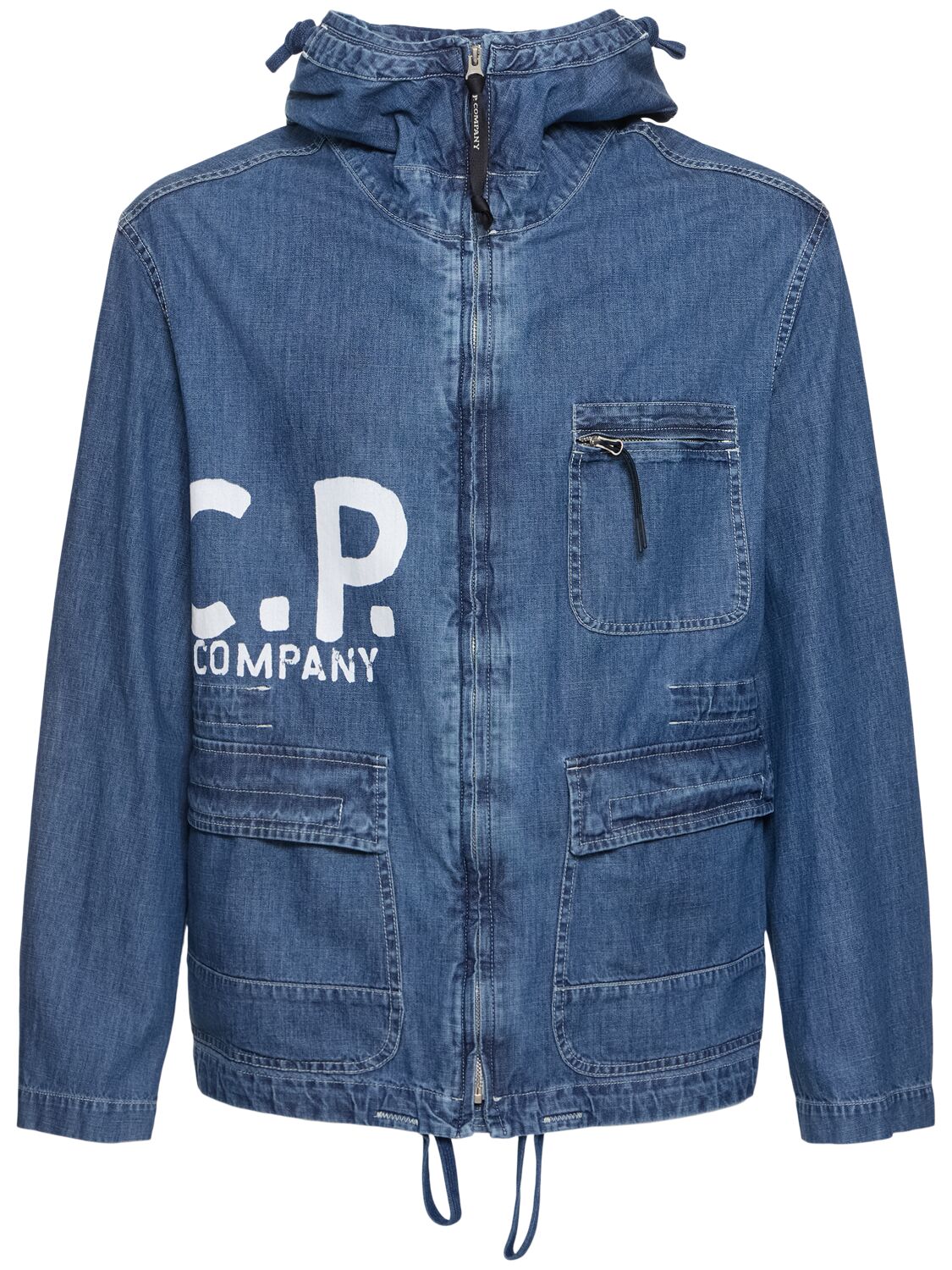 Shop C.p. Company Denim Hooded Goggle Jacket In Bleached Stone