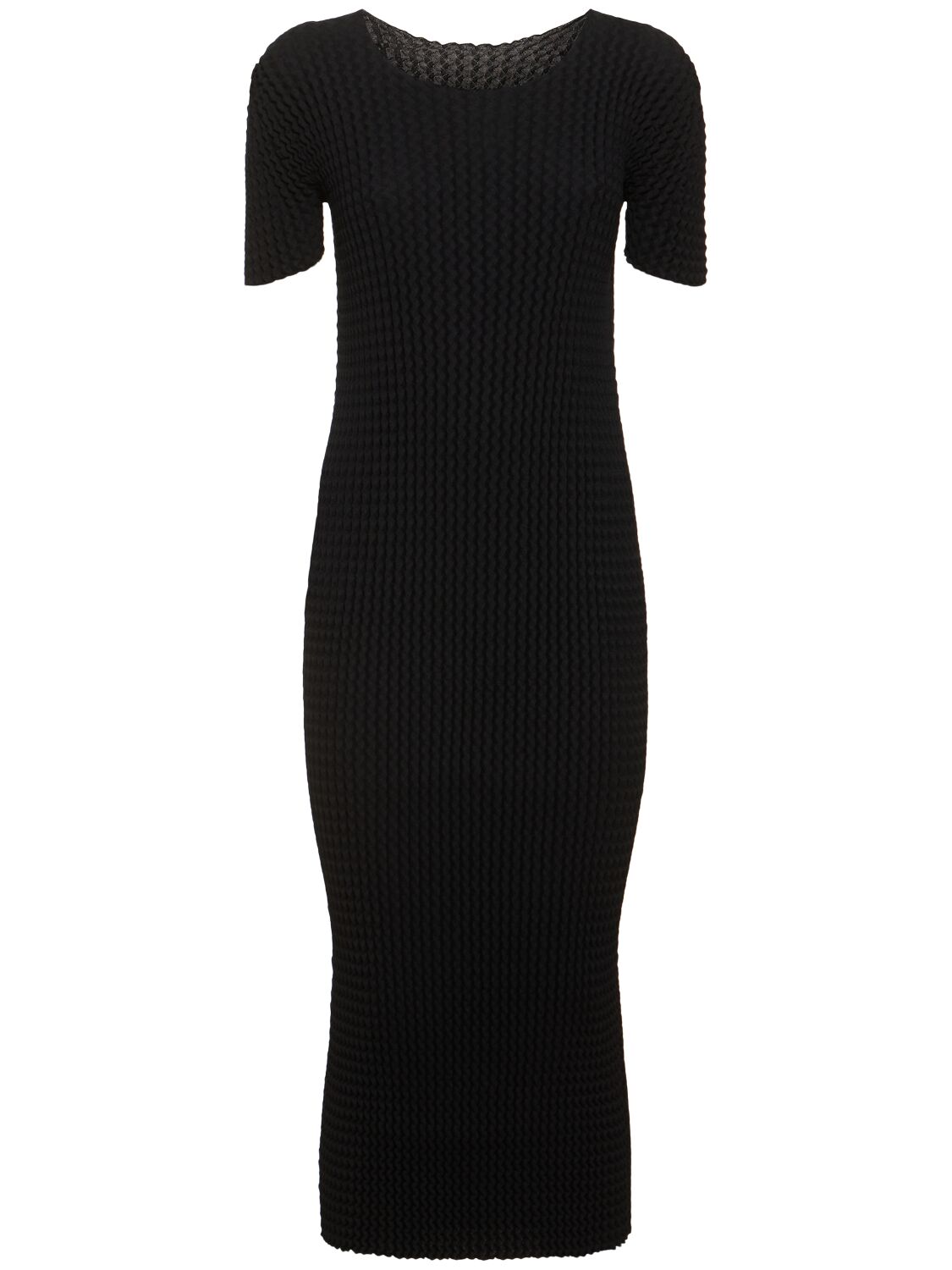 Issey Miyake Pleated Short Sleeve Midi Dress In Black