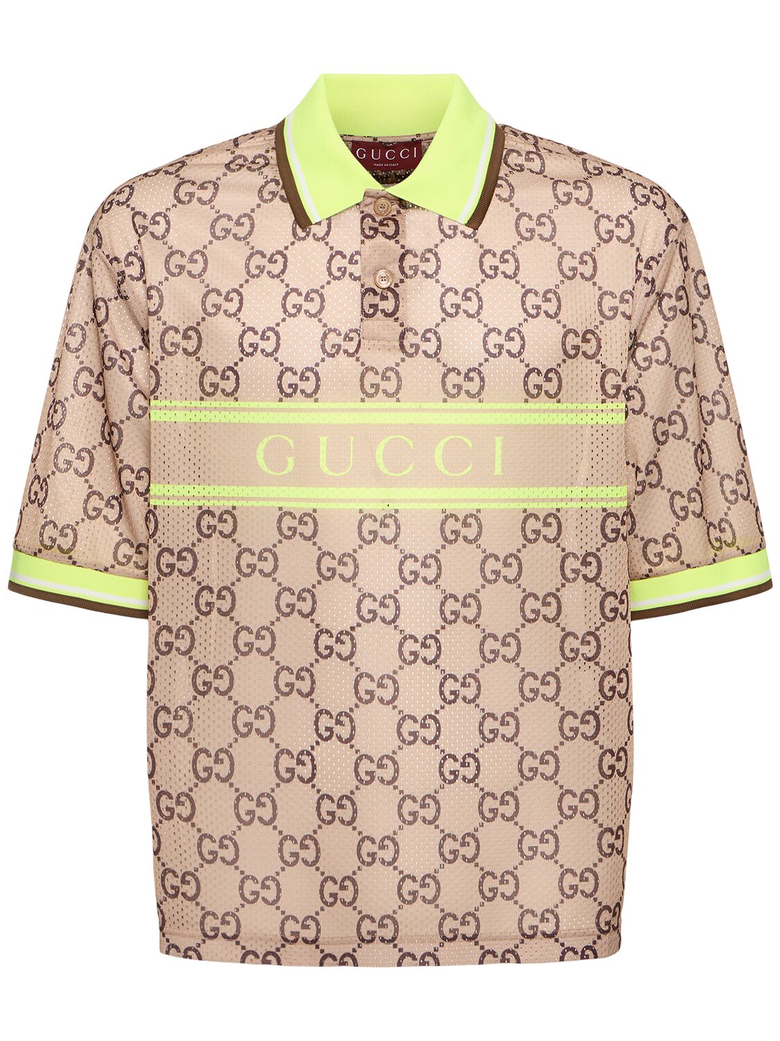 Gucci Logo Tech & Mesh Polo Shirt In Brown