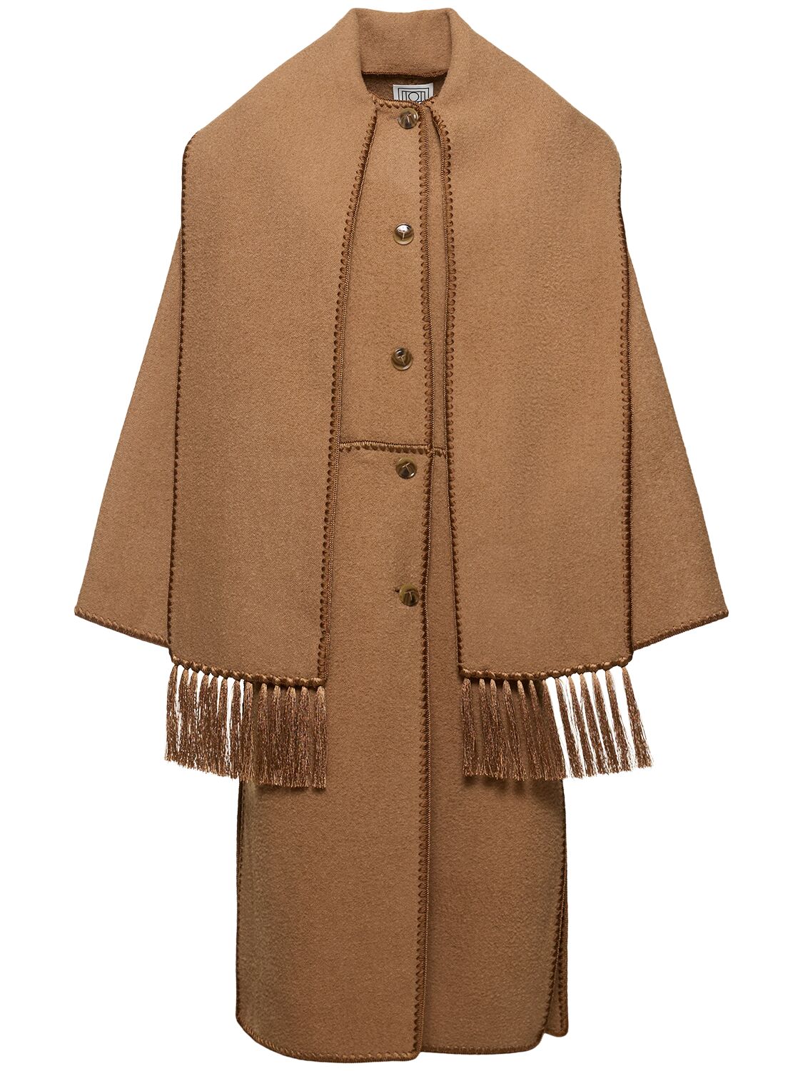 Totême Embroidered Scarf Wool Blend Long Coat In Camel