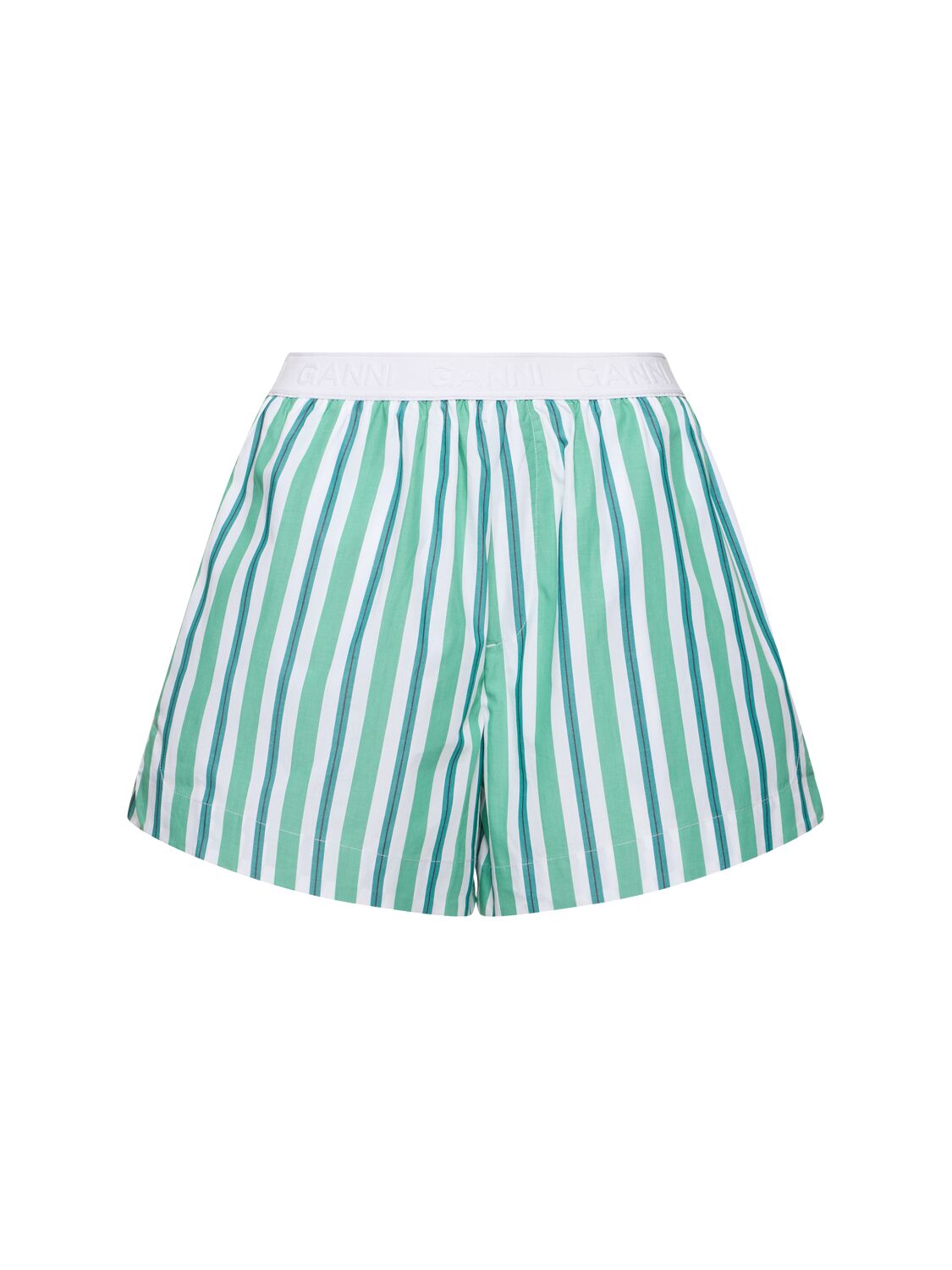 Shop Ganni Striped Cotton Elasticated Shorts In Green