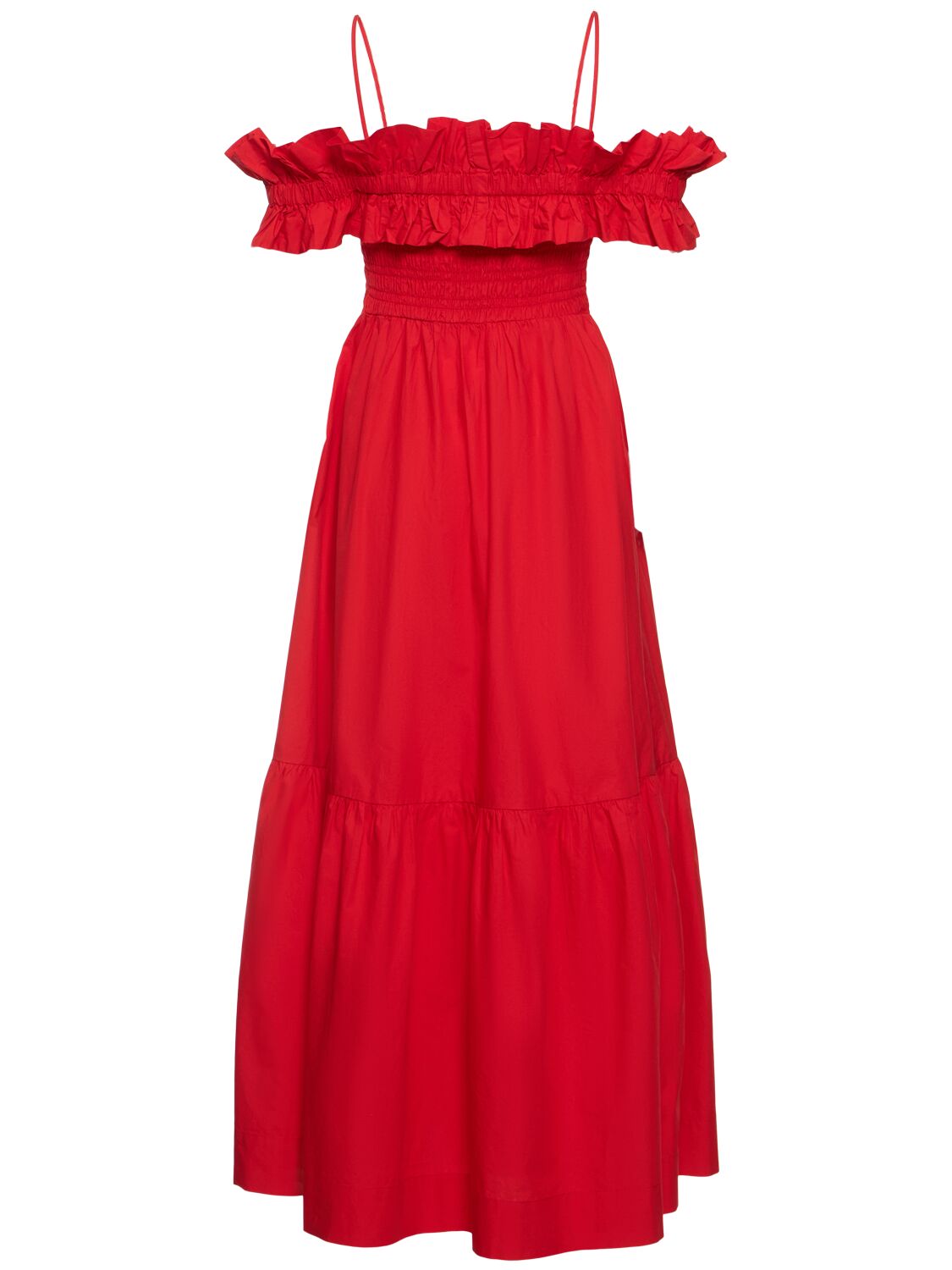 Shop Ganni Smocked Cotton Poplin Long Dress In Red