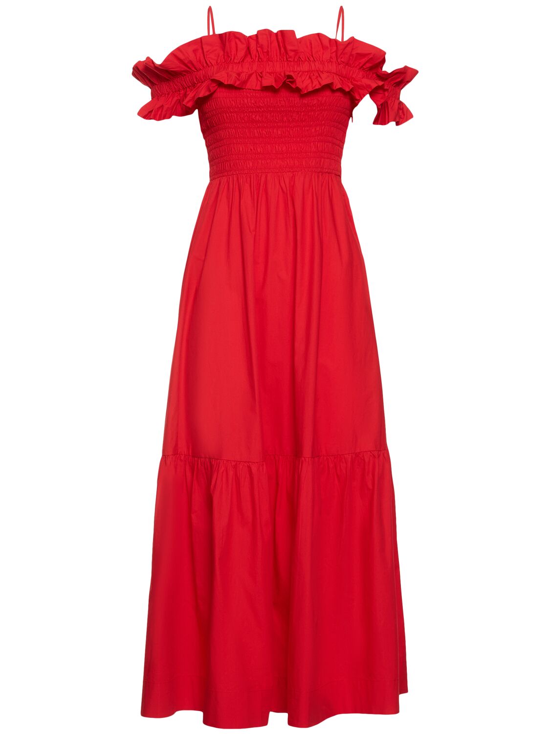 Shop Ganni Smocked Cotton Poplin Long Dress In Red