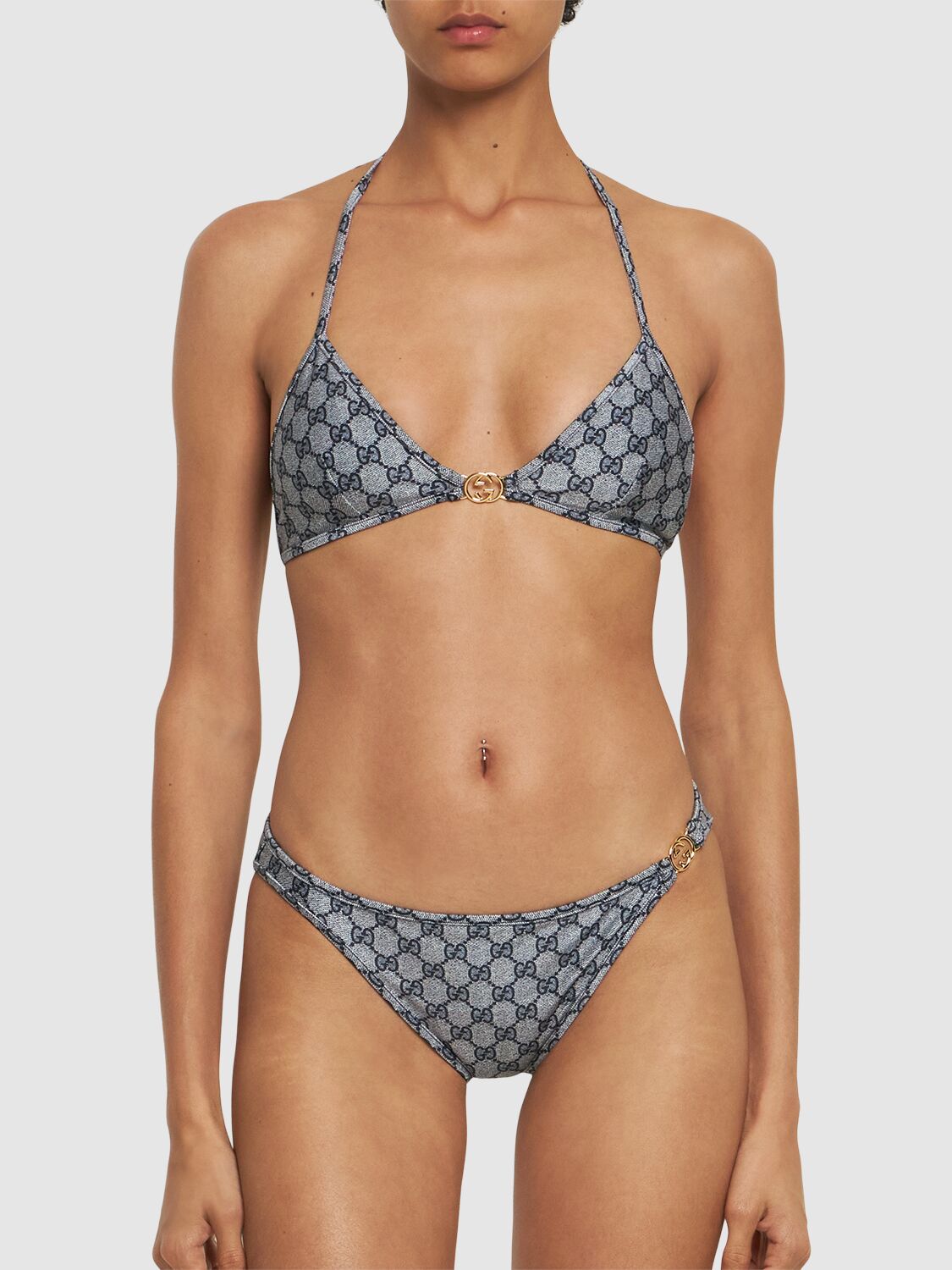 Shop Gucci Sparkling Jersey Bikini In Blue/white