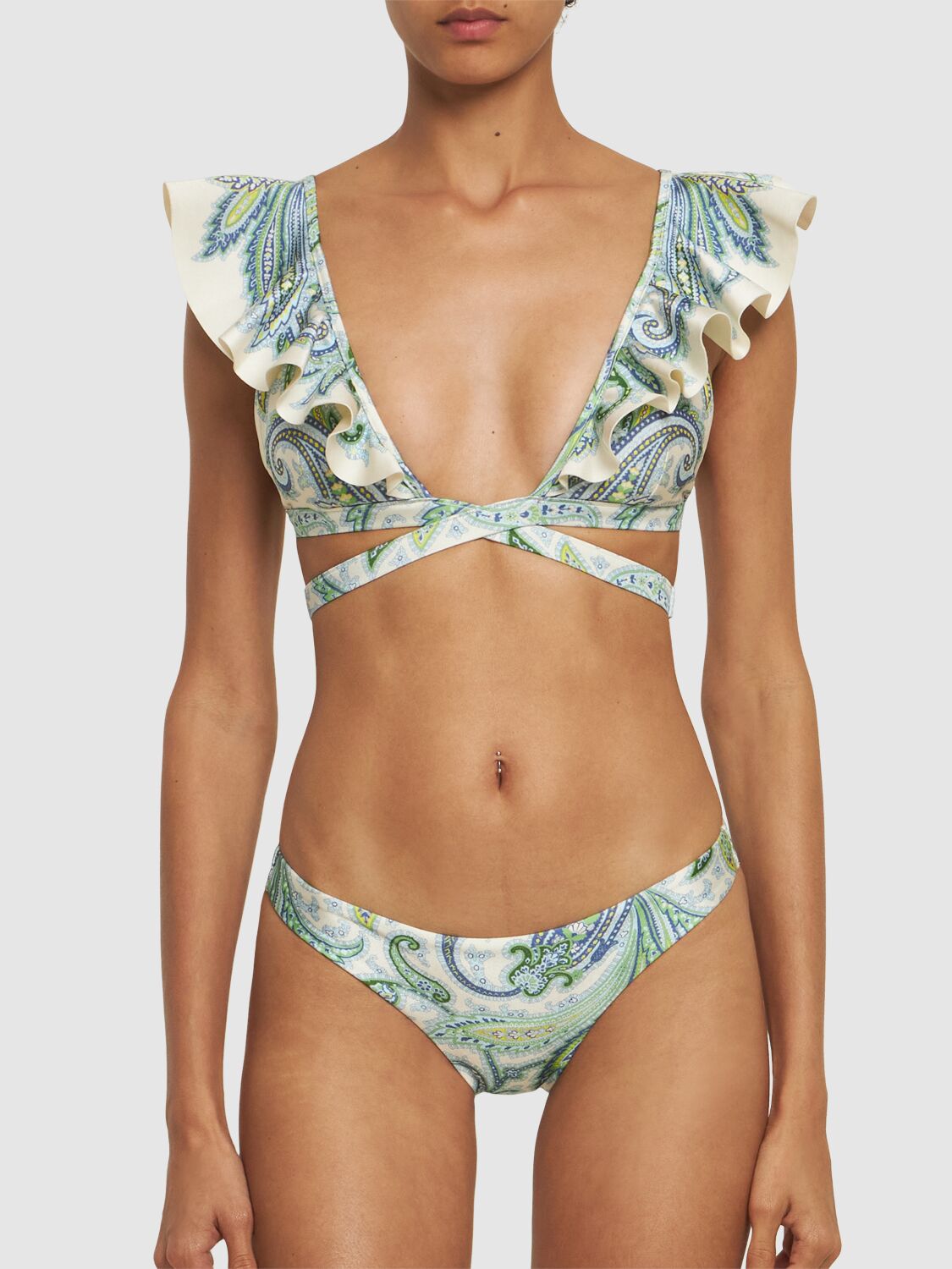 Shop Zimmermann Ottie Lycra Wrap Ruffled Bikini Set In Green,multi