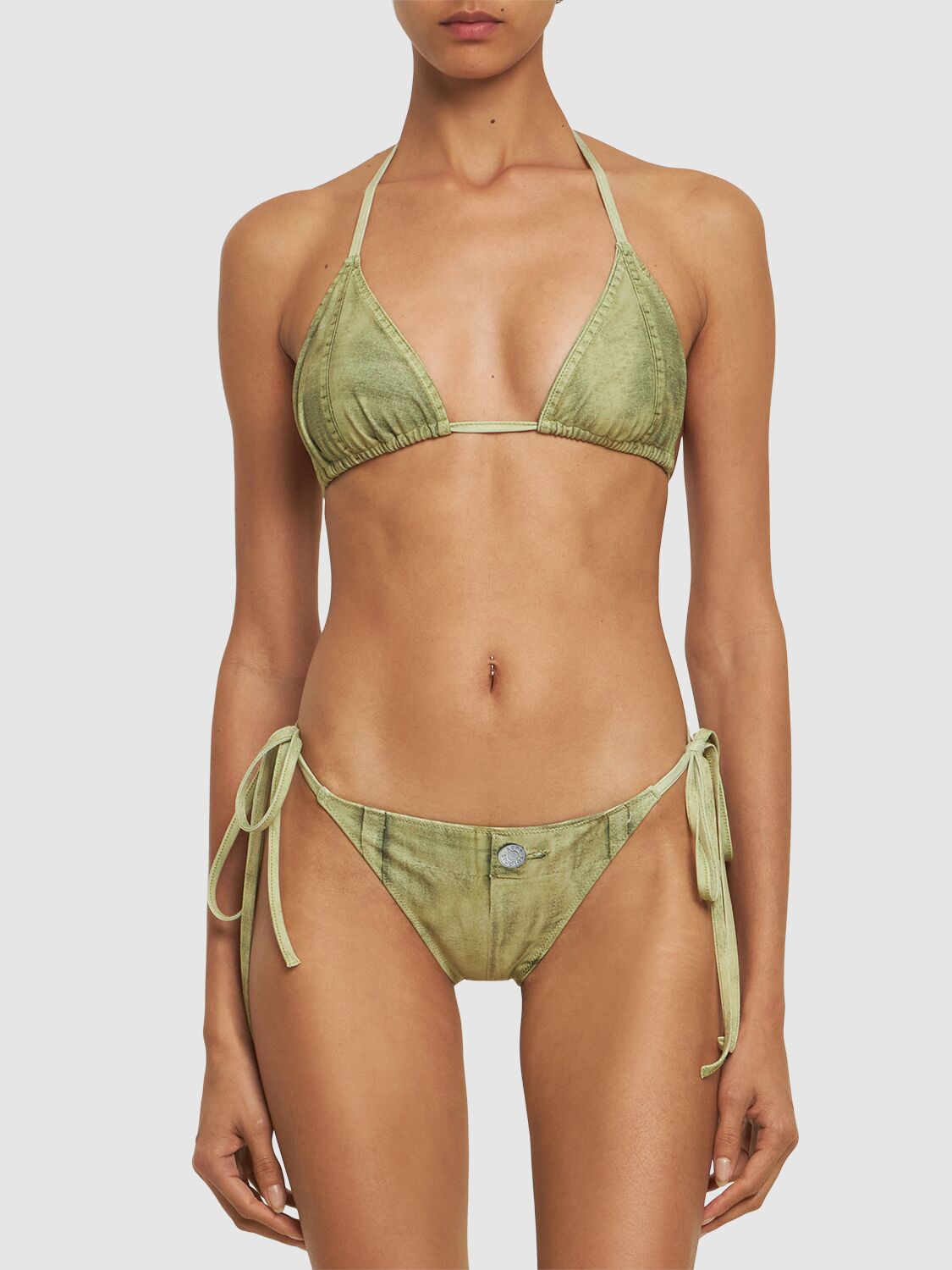 Shop Acne Studios Denim Effect Triangle Bikini In Green