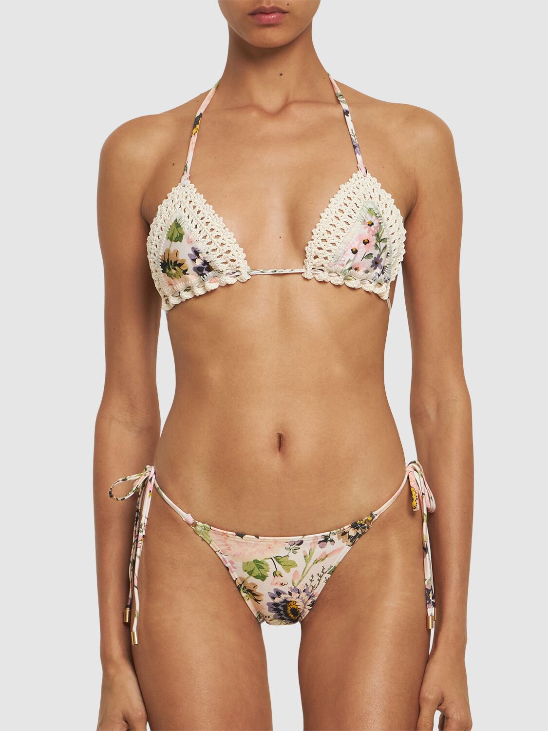 Shop Zimmermann Halliday Crochet Triangle Bikini Set In Cream,multi