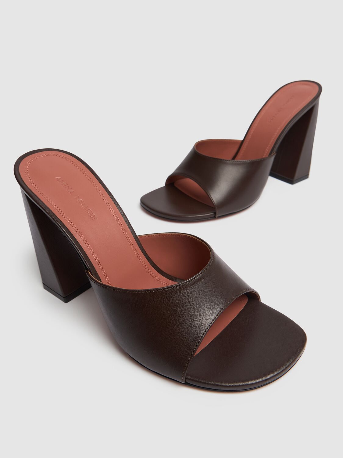 Shop Amina Muaddi 95mm Brigitte Leather Mules In Brown