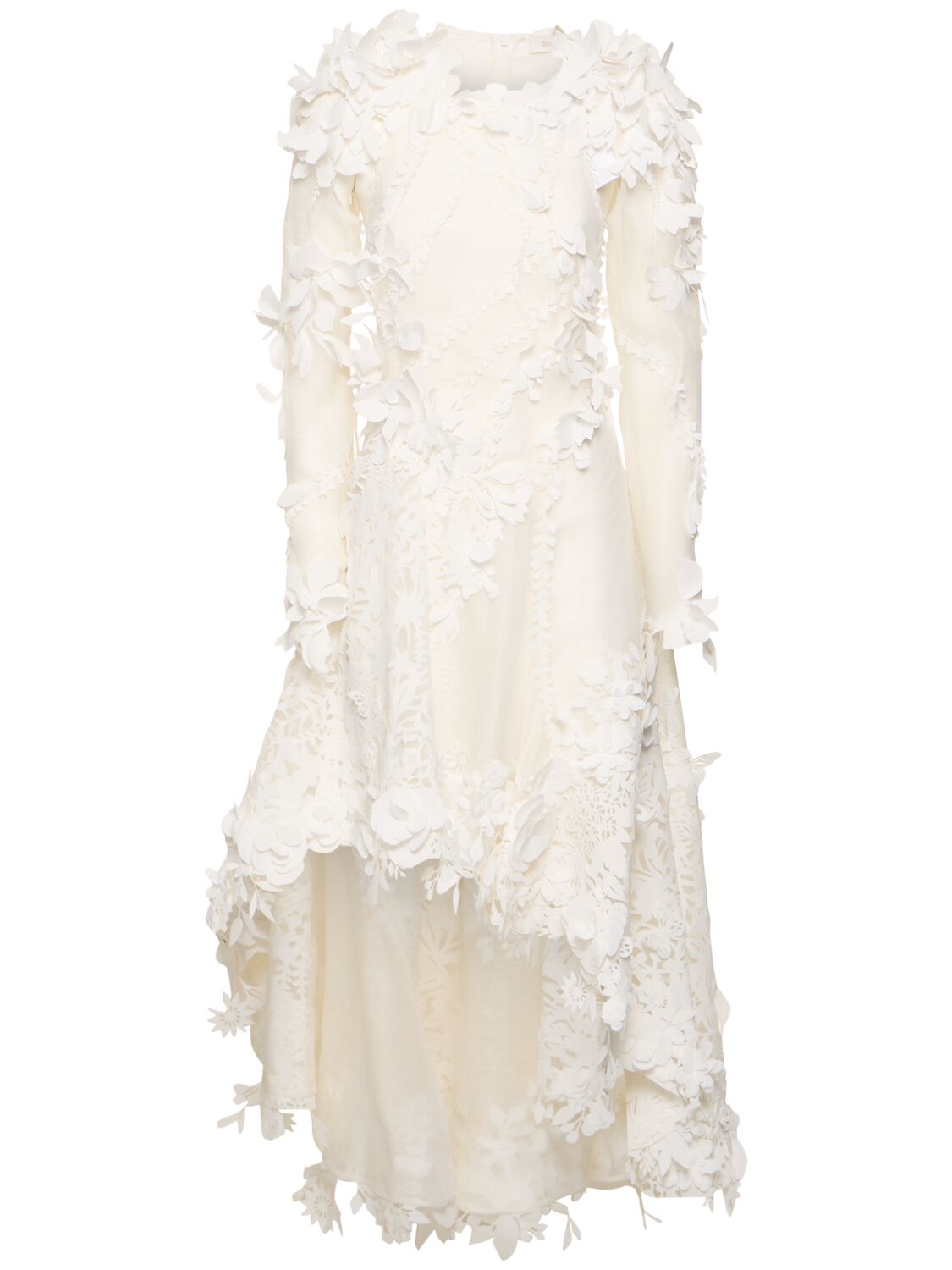 Zimmermann Tranquility Floral-appliquéd Linen-silk Midi Dress In Ivory