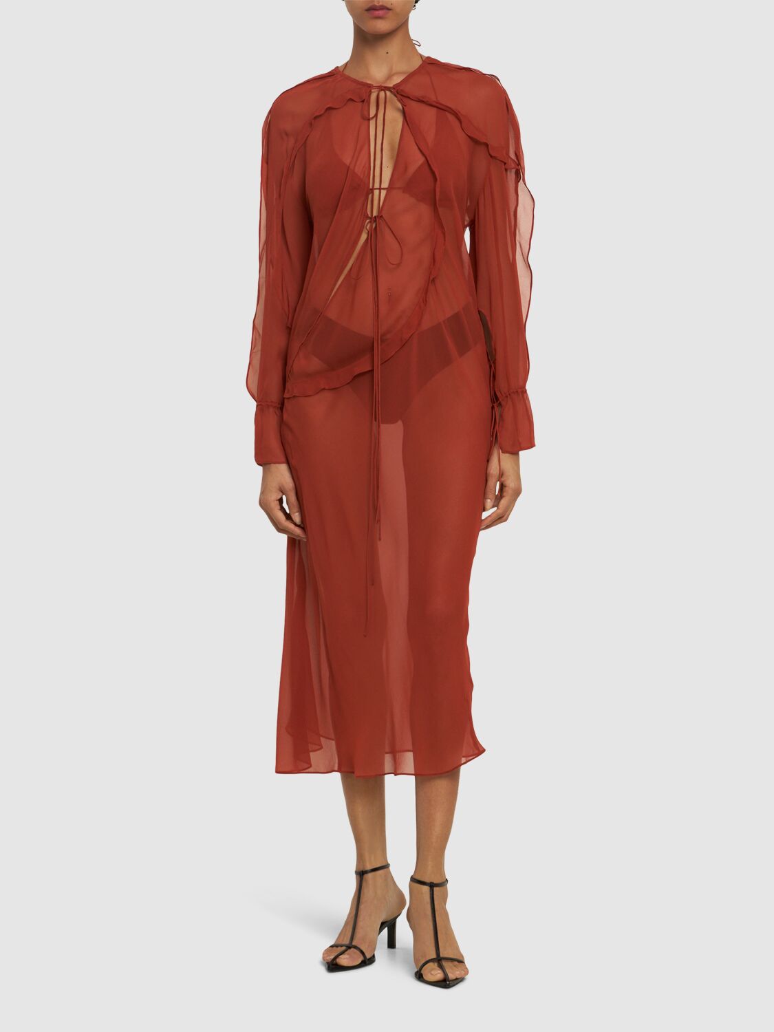 Shop Christopher Esber Ruffled Sheer Long Sleeve Dress In Brown