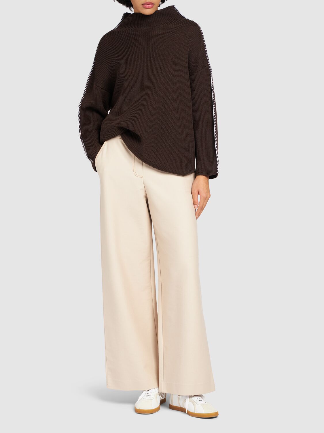 Shop Max Mara Foggia Denim Effect Jersey Wide Pants In Beige