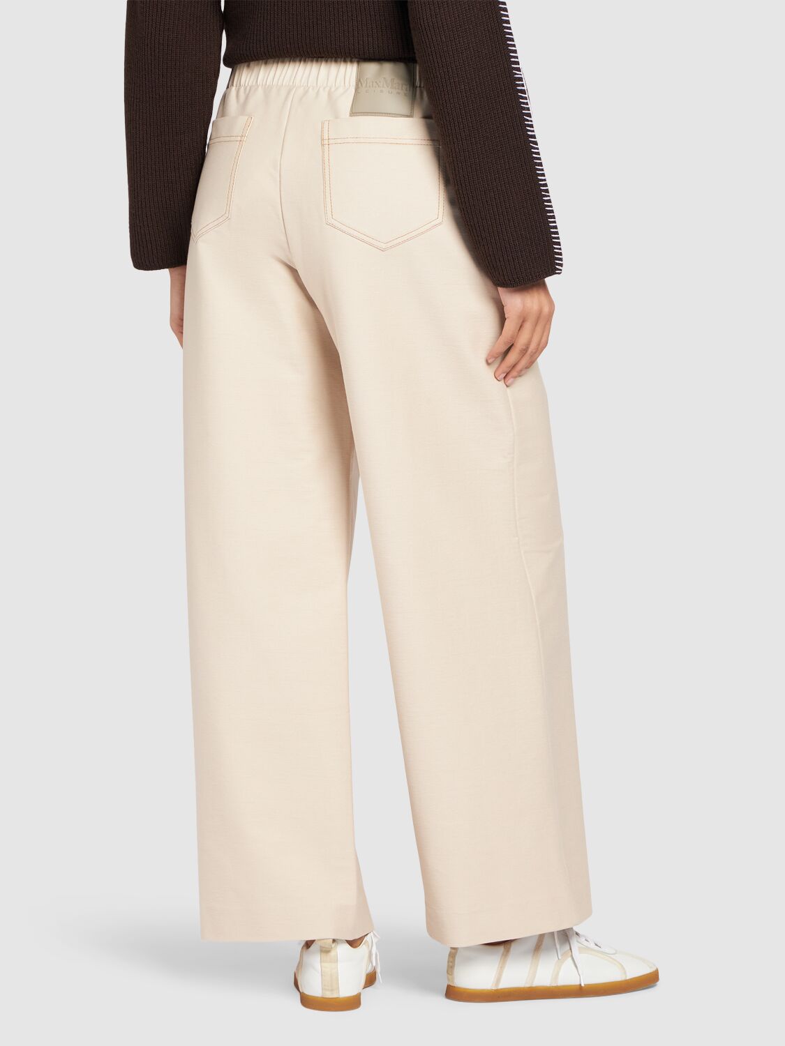 Shop Max Mara Foggia Denim Effect Jersey Wide Pants In Beige