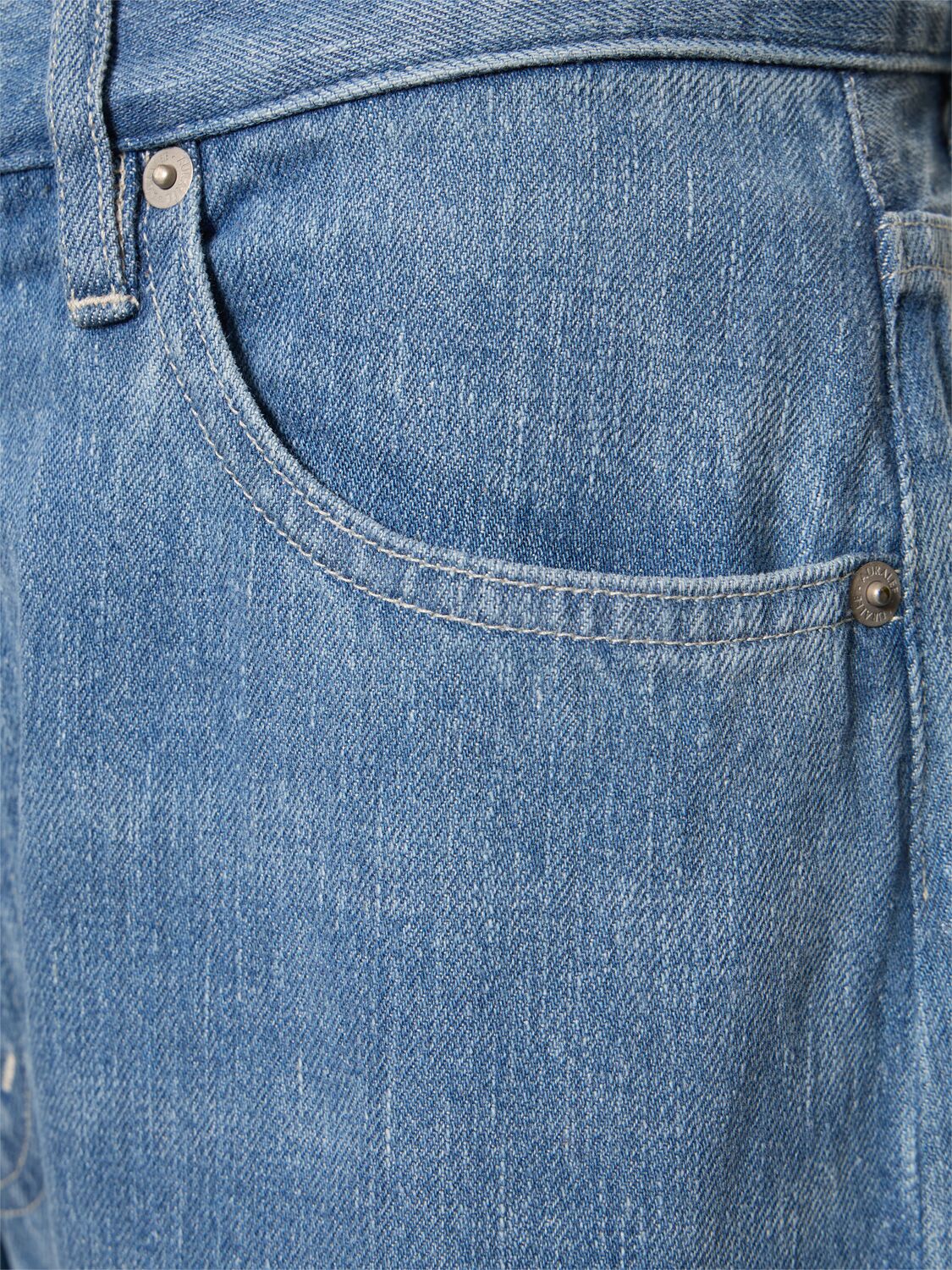 Shop Auralee Selvedge Faded Light Denim Cotton Pants In Blue