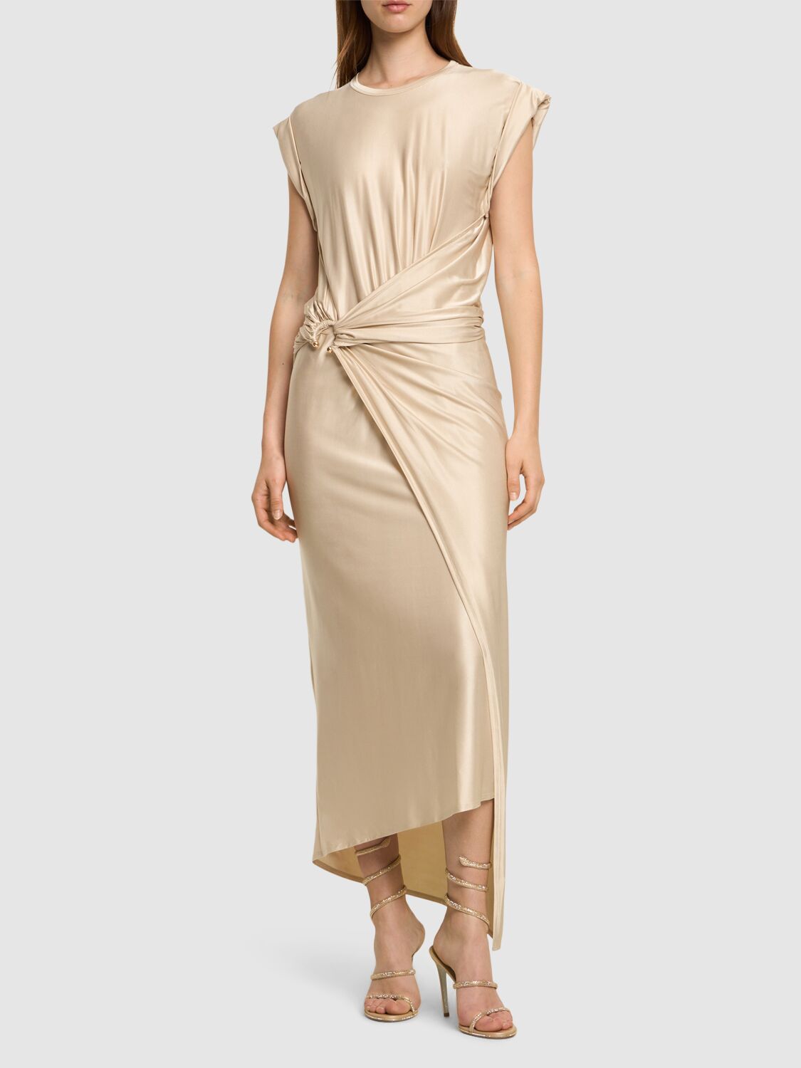 Shop Rabanne Viscose Jersey Midi Dress In Beige