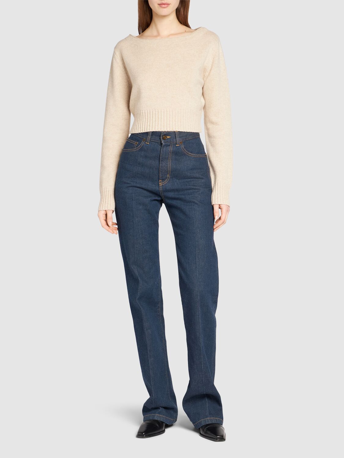 Max Mara Angri Rib Knit Wool Crop Sweater In Beige