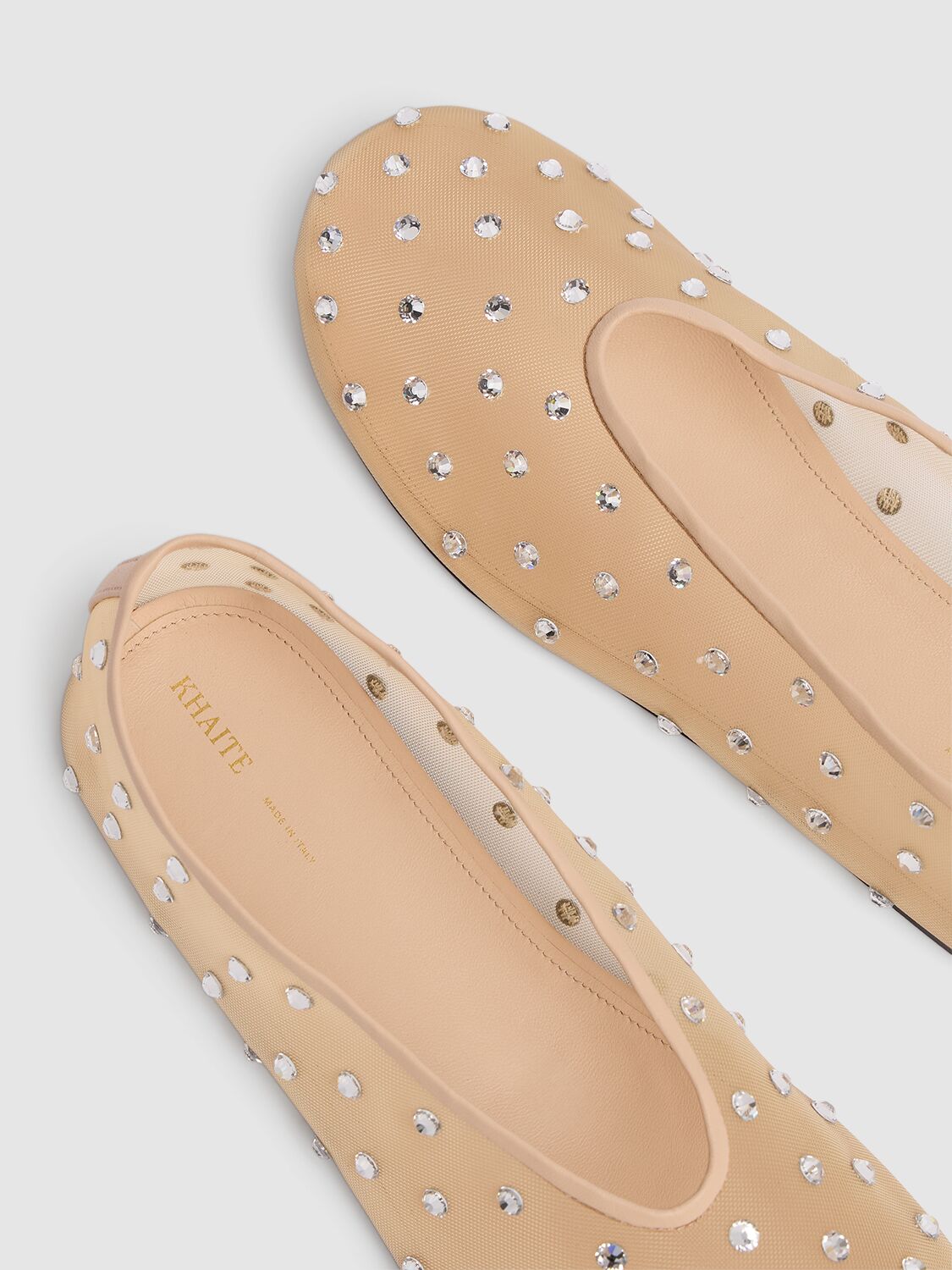 Shop Khaite 5mm Marcy Embellished Mesh Flat Shoes In Beige