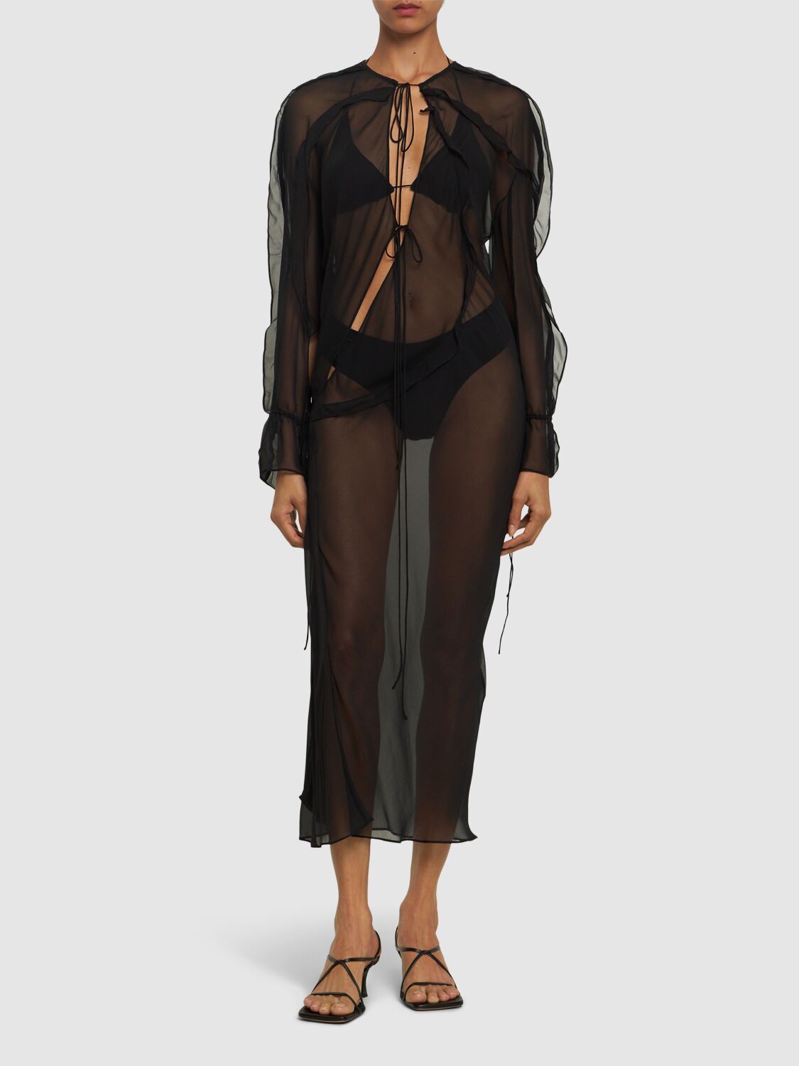 Shop Christopher Esber Ruffled Sheer Long Sleeve Dress In Black