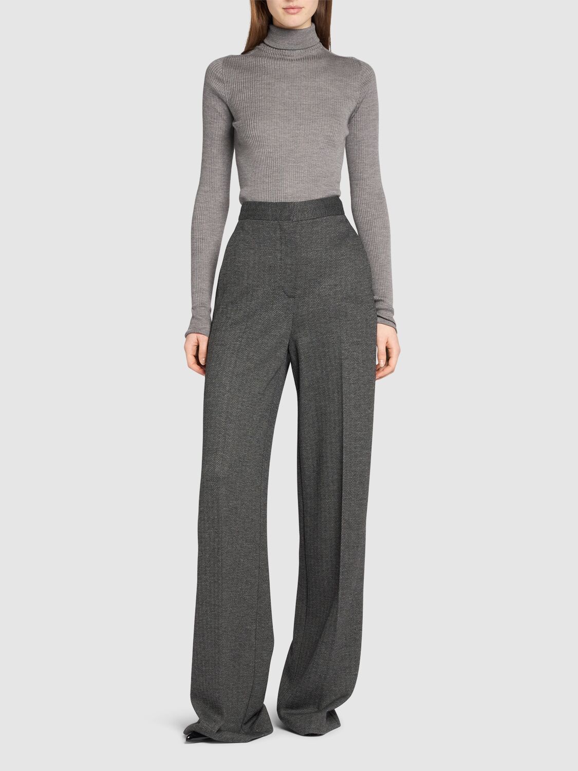 Shop Max Mara Angora Wool Blend Jacquard Wide Pants In Dark Grey