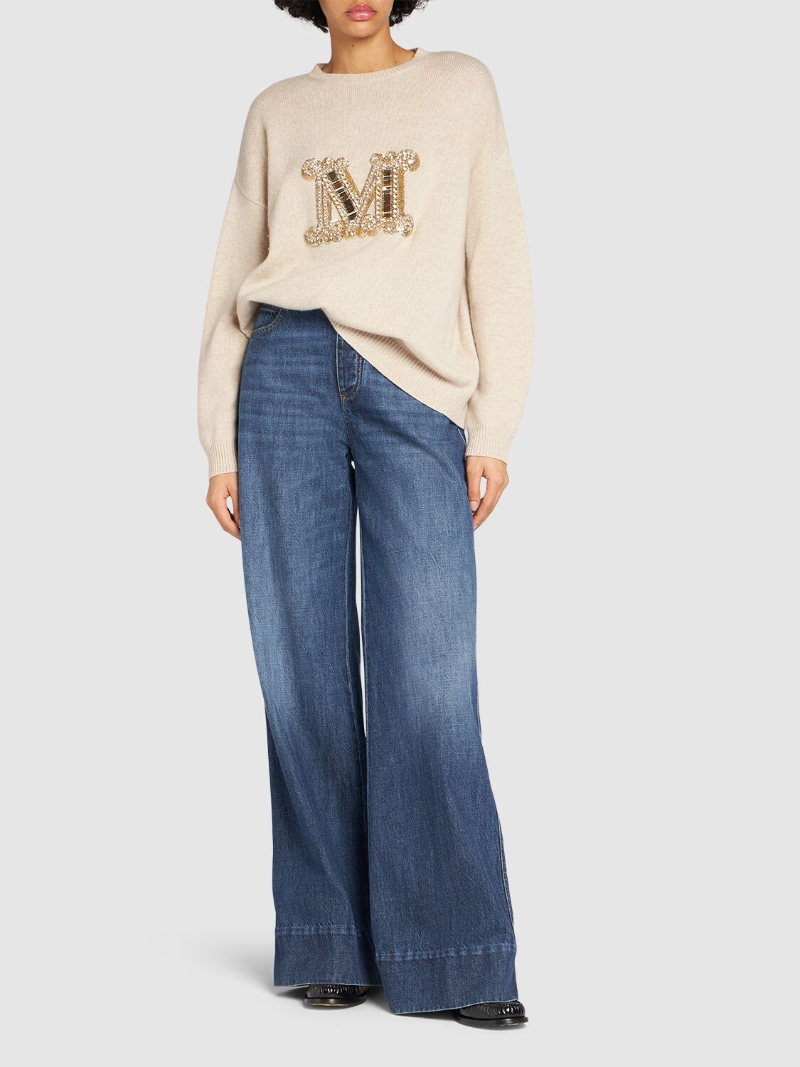 Shop Max Mara Vicolo Wool Knit Logo Sweater In White/multi