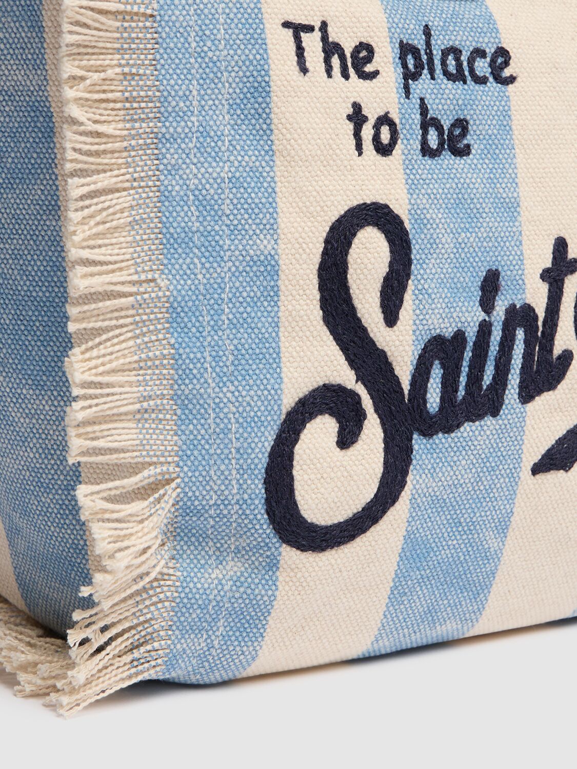 Shop Mc2 Saint Barth Logo Print Striped Cotton Handbag In White/blue