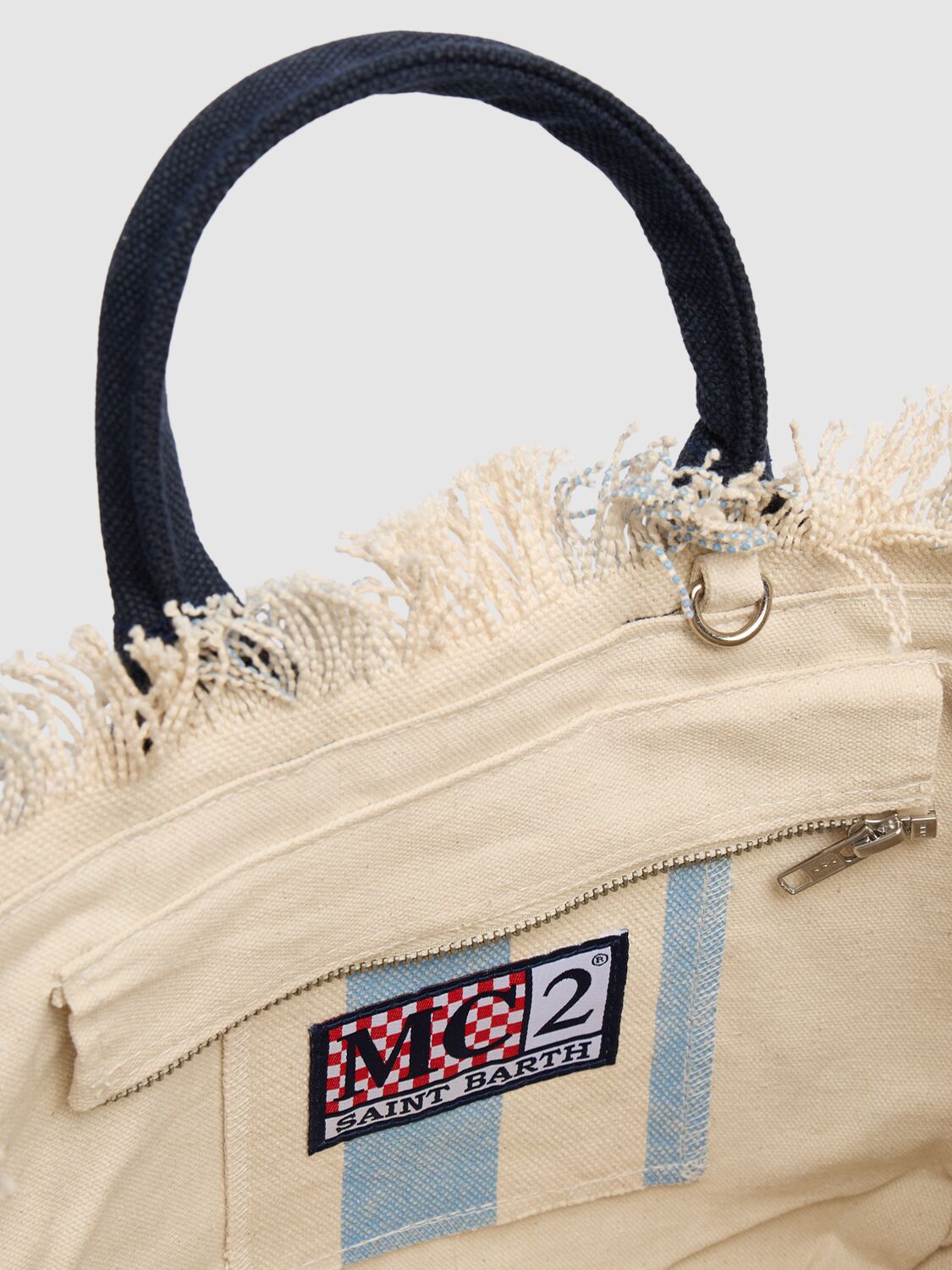 Shop Mc2 Saint Barth Logo Print Striped Cotton Handbag In White/blue