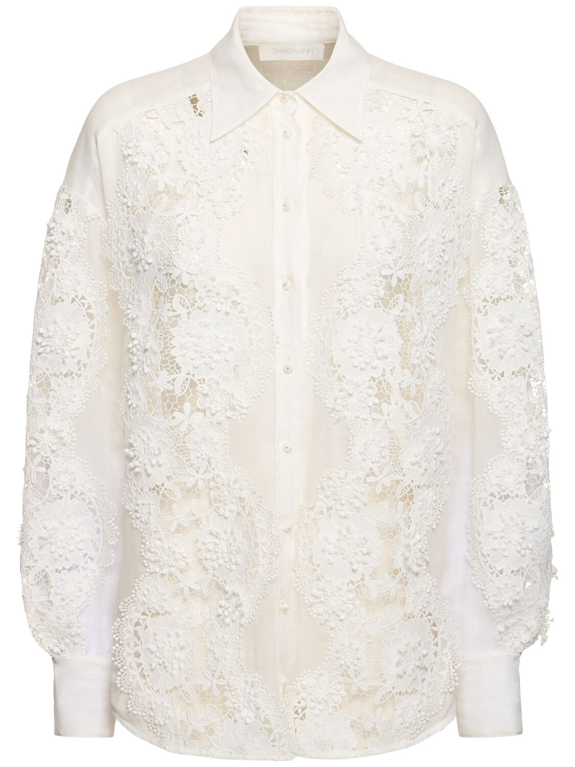 Shop Zimmermann Halliday Ramie Lace Flower Shirt In Ivory