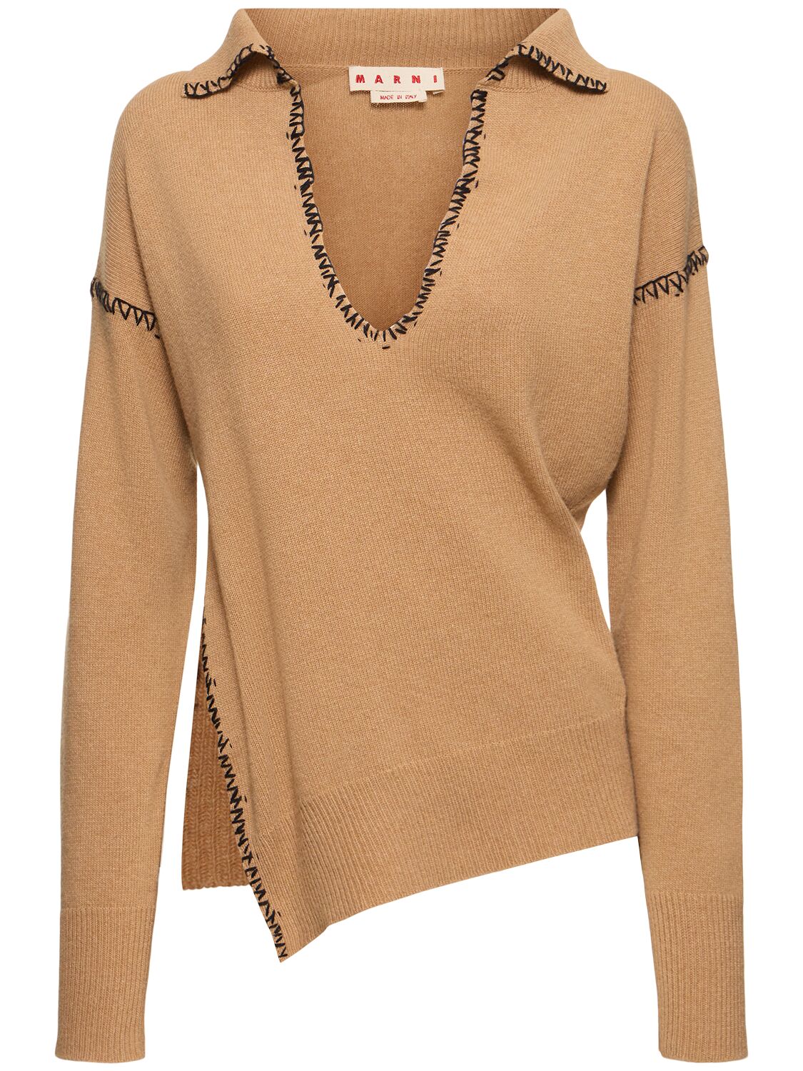 Marni Wool & Cashmere Knit V Neck Polo Jumper In Brown