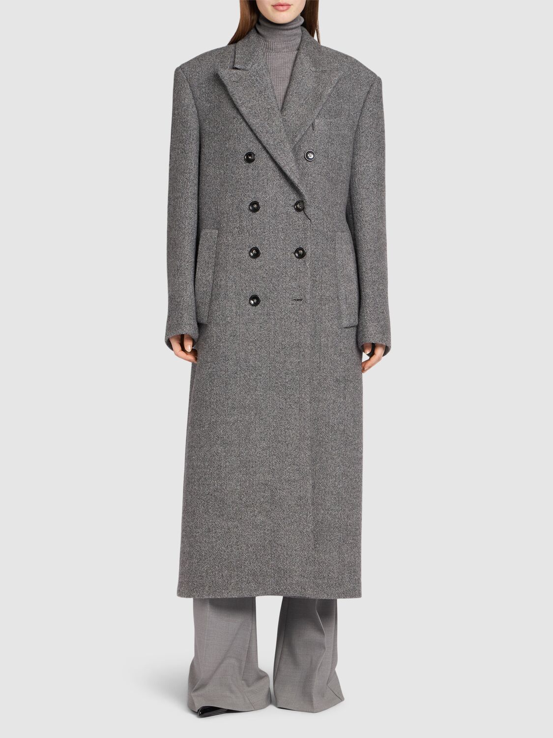 Shop Sportmax Billy Double Breast Chevron Long Coat In Grey