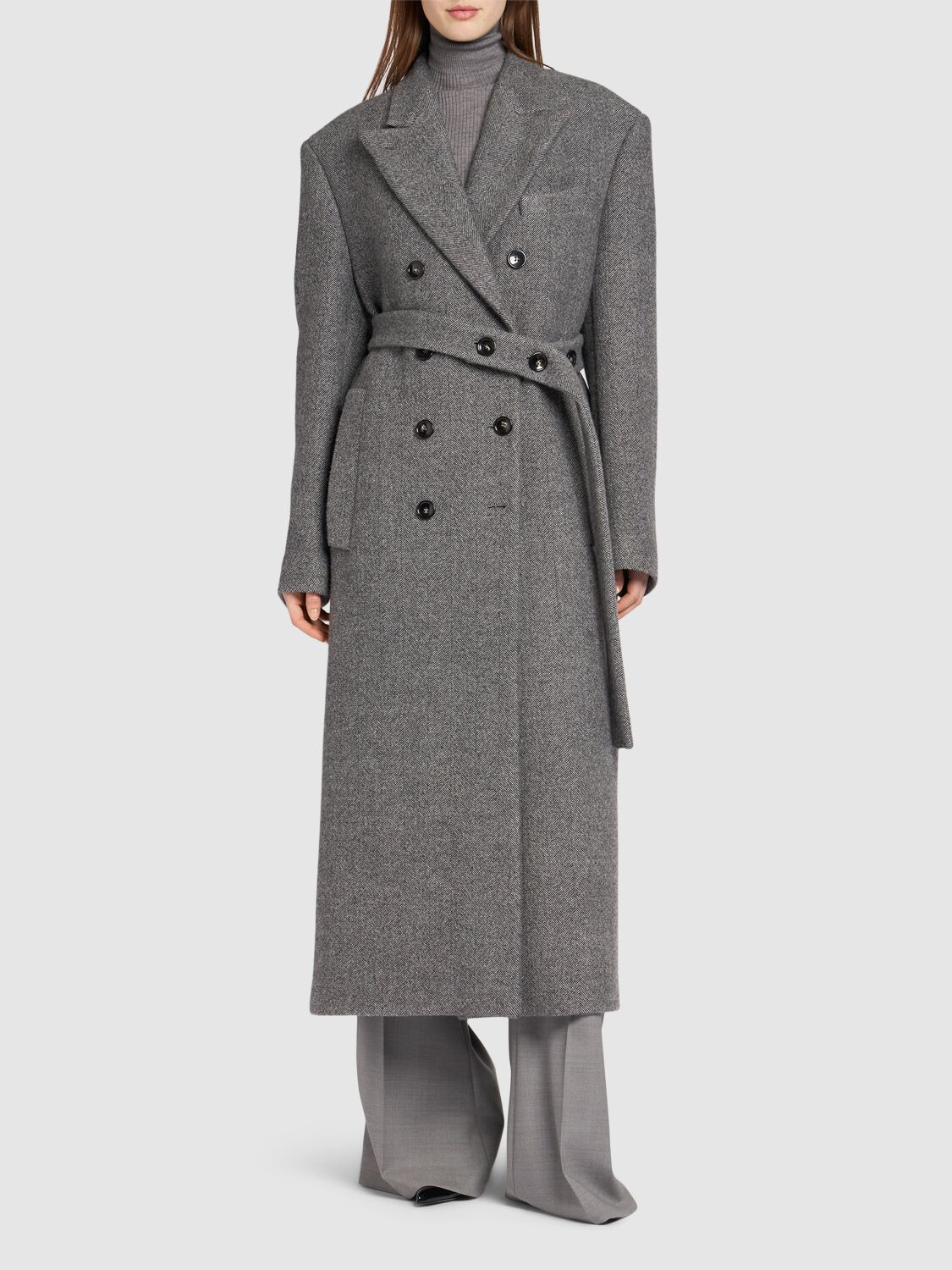 Shop Sportmax Billy Double Breast Chevron Long Coat In Grey