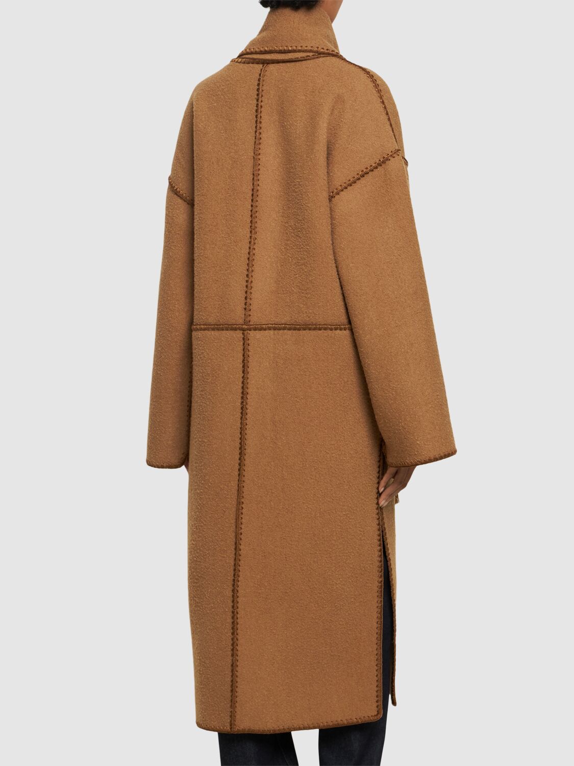 Shop Totême Embroidered Scarf Wool Blend Long Coat In Camel