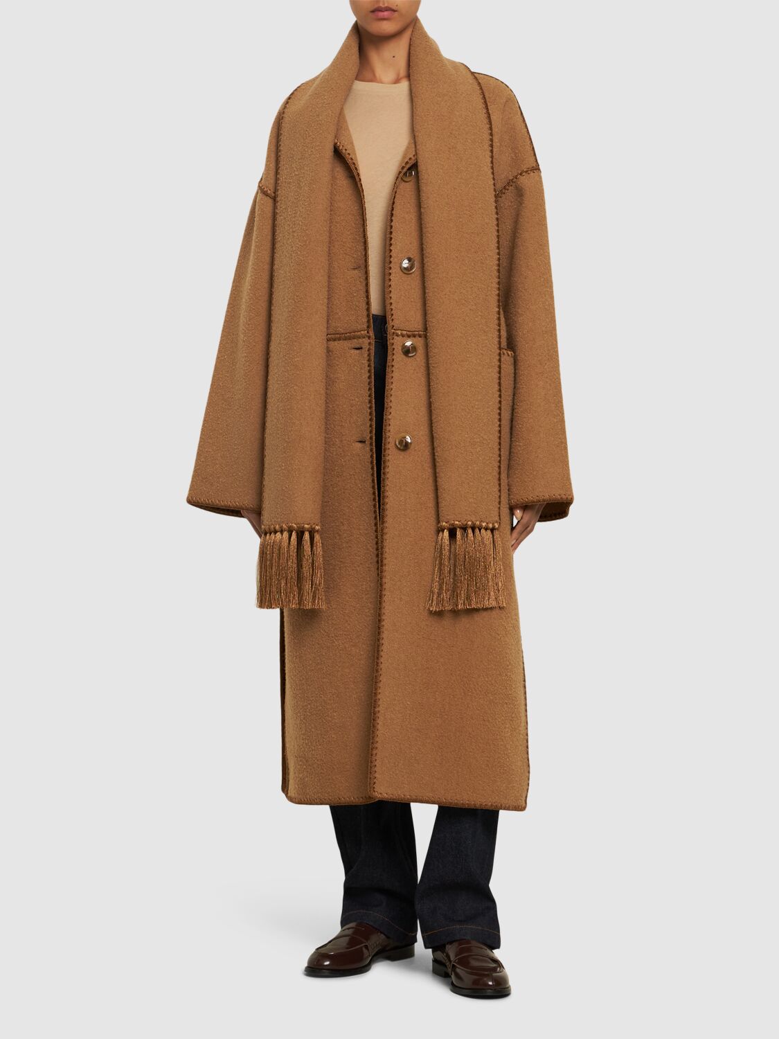 Shop Totême Embroidered Scarf Wool Blend Long Coat In Camel