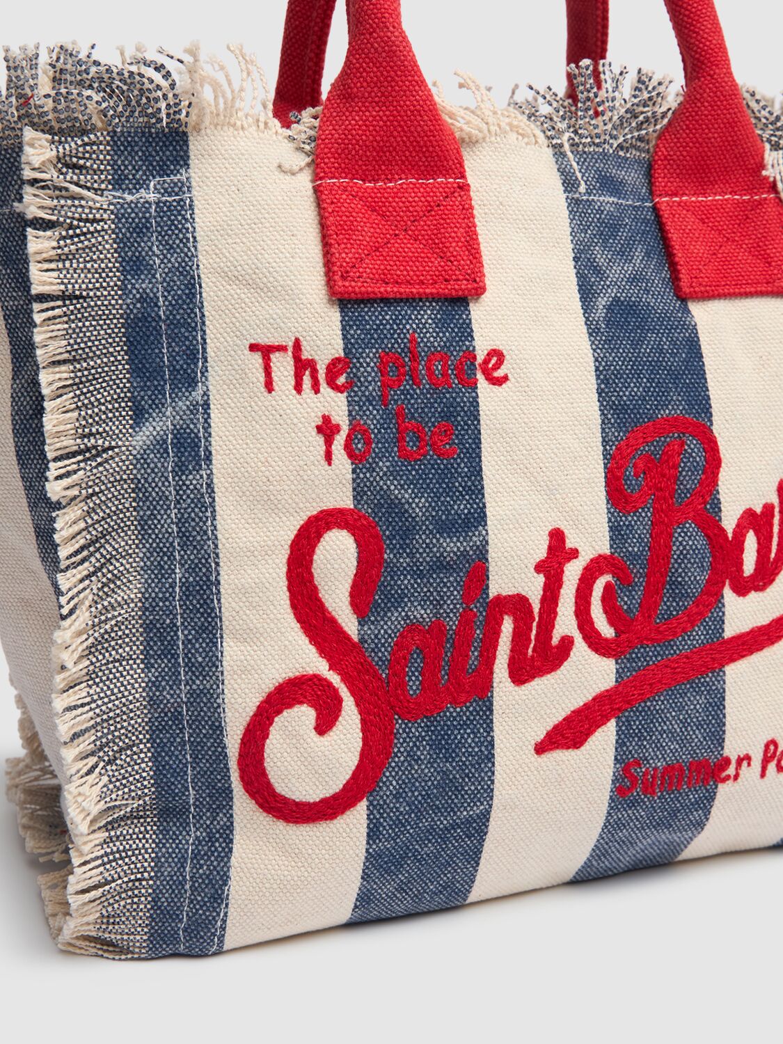 Shop Mc2 Saint Barth Logo Print Striped Cotton Handbag In Blue/white