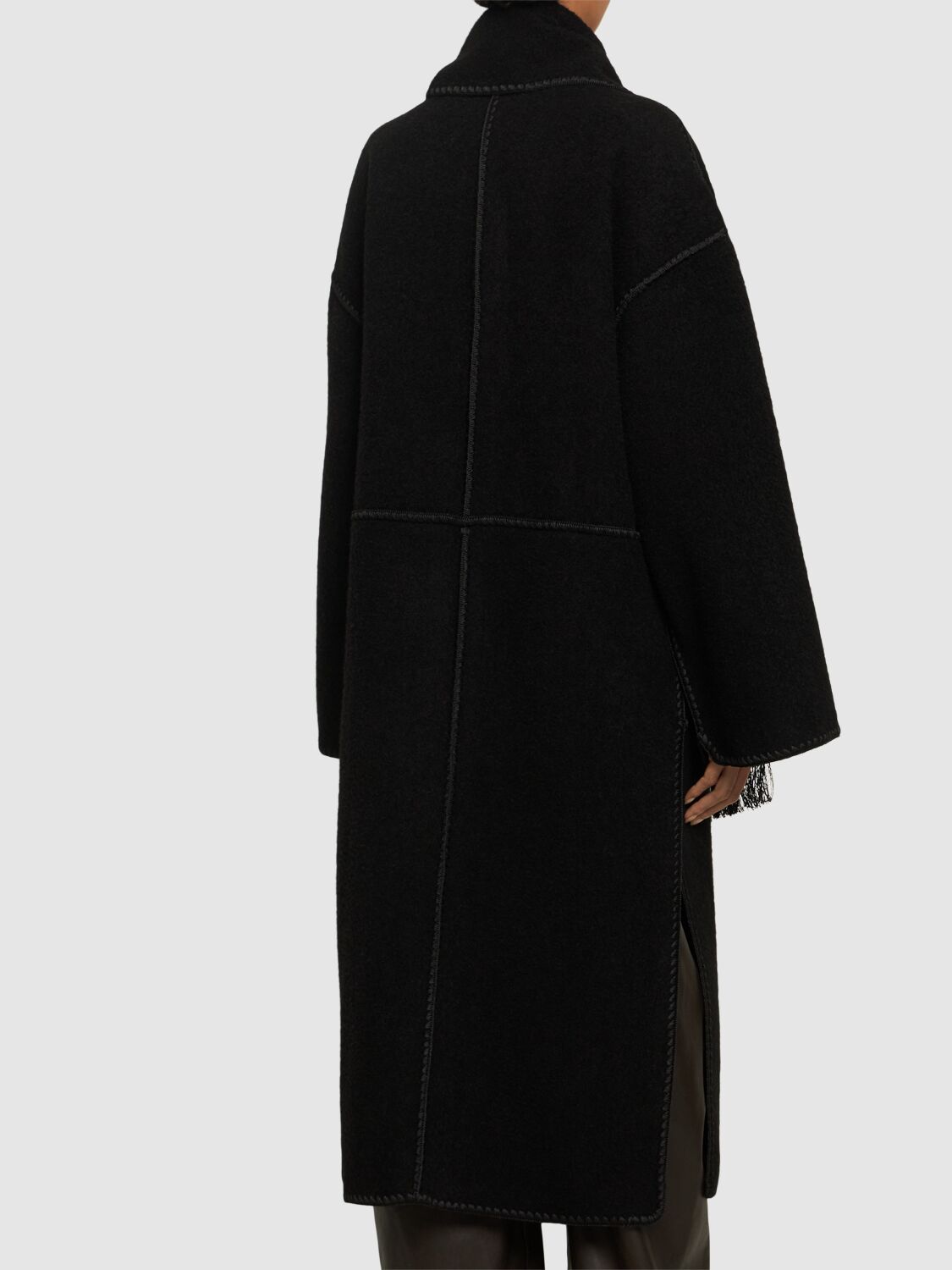 Shop Totême Embroidered Scarf Wool Blend Long Coat In Black