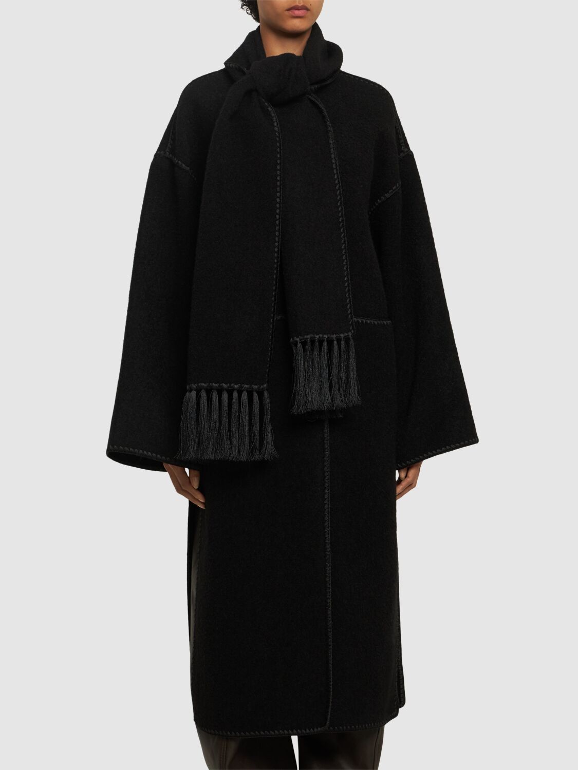 Shop Totême Embroidered Scarf Wool Blend Long Coat In Black