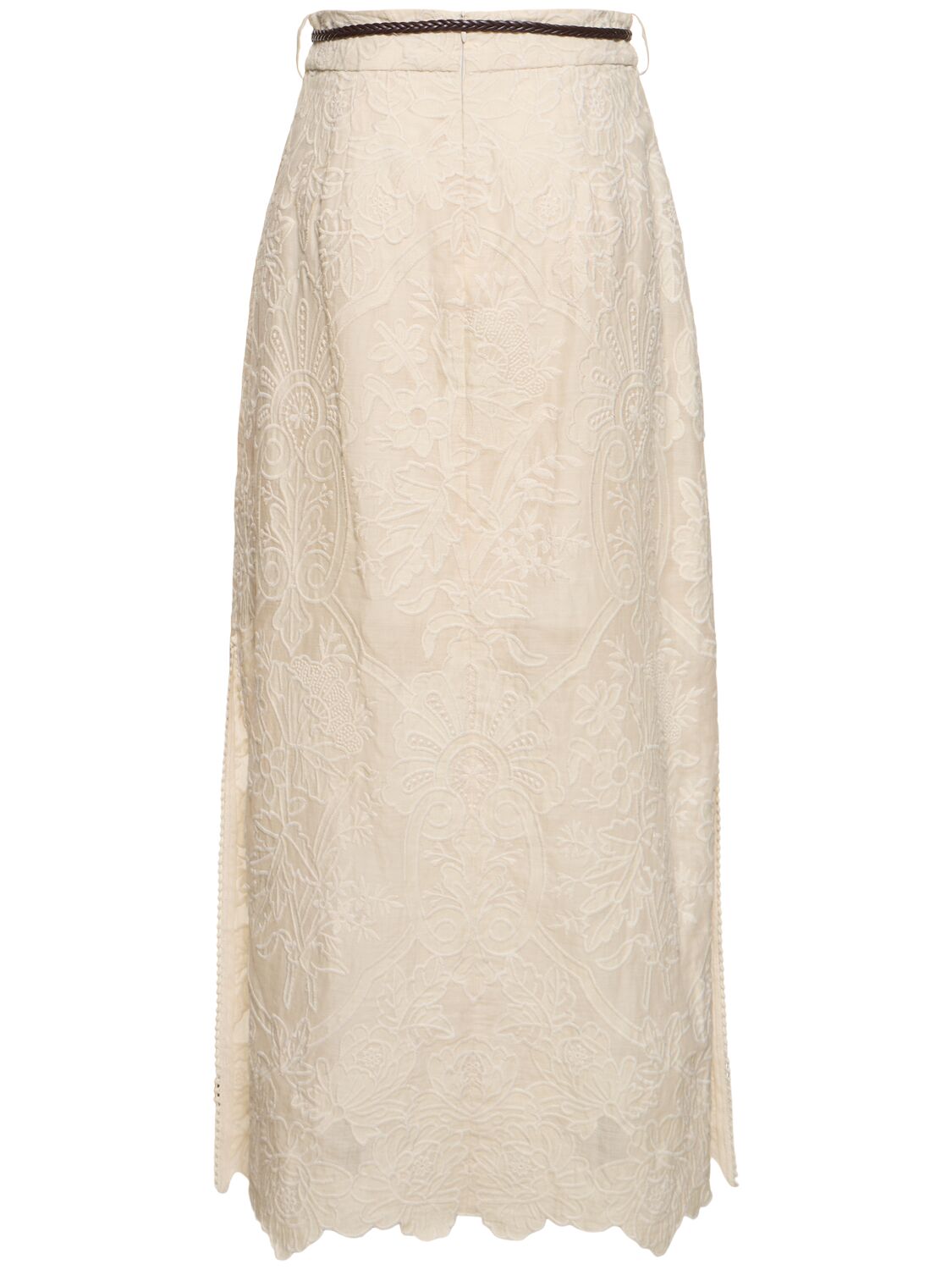 Shop Zimmermann Ottie Embroidered Linen Midi Skirt In Cream