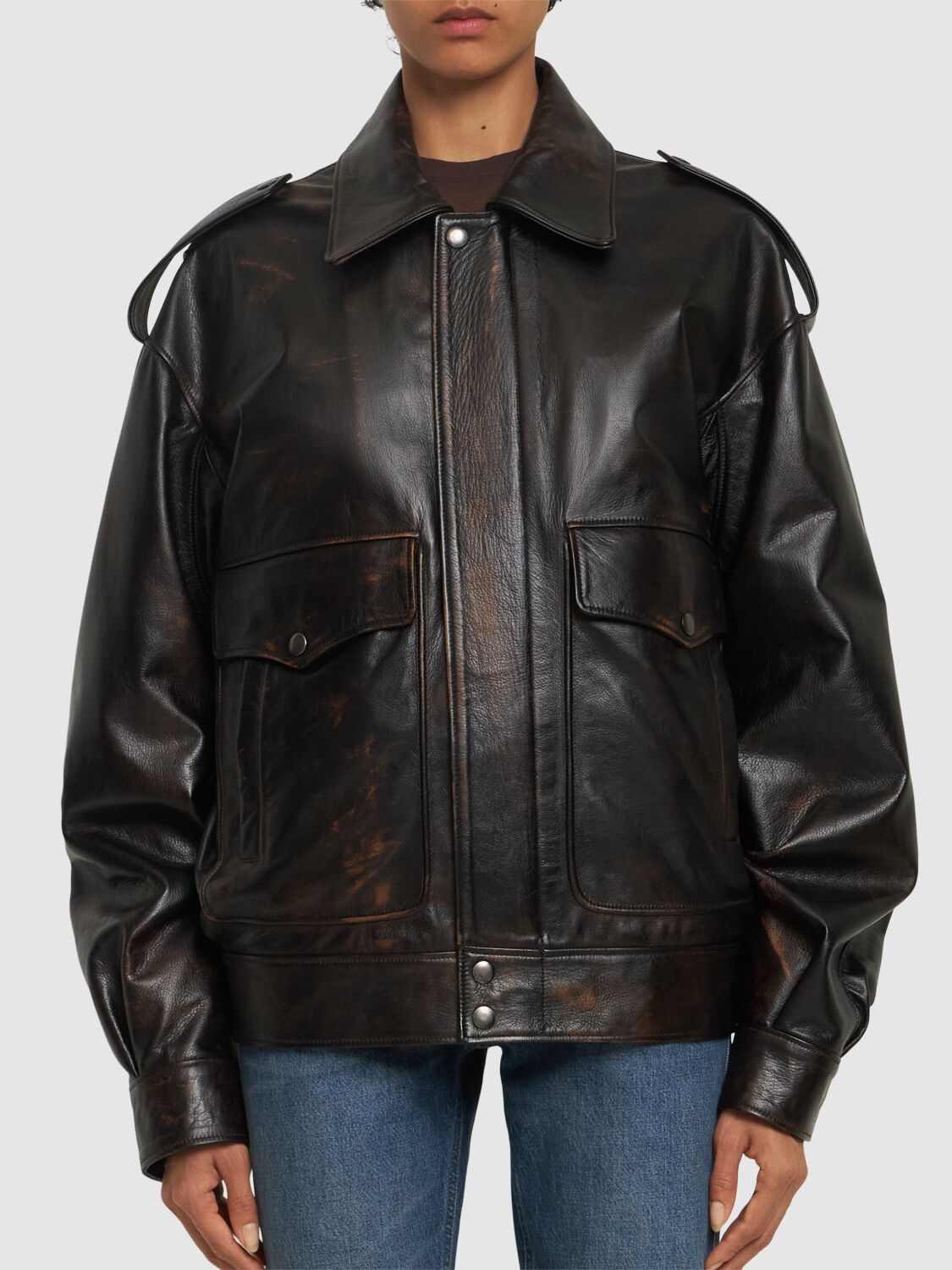 Shop Manokhi Devin Leather Jacket In Brown