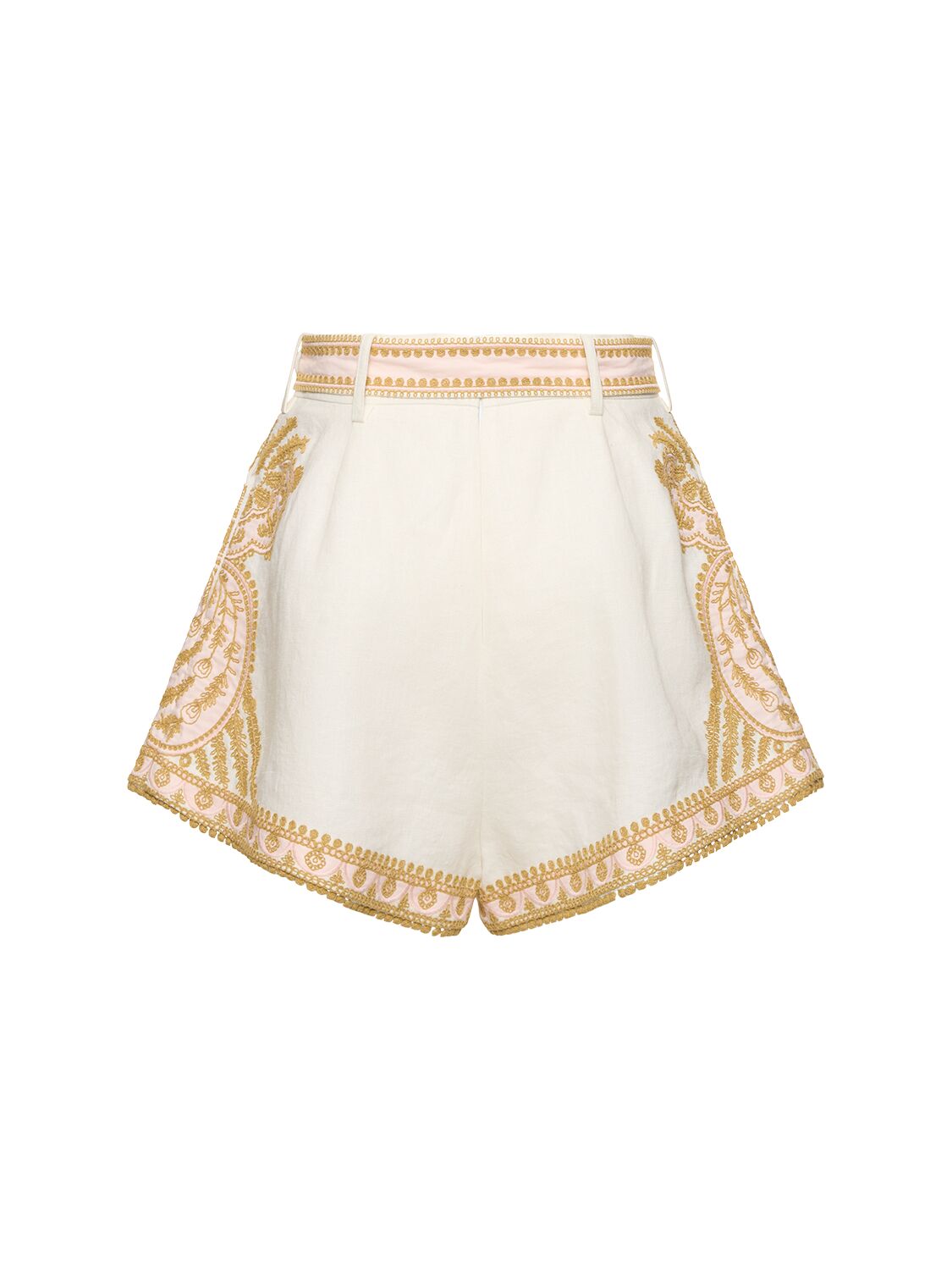 Shop Zimmermann Waverly Linen Embroidered Tuck Shorts In Cream,gold