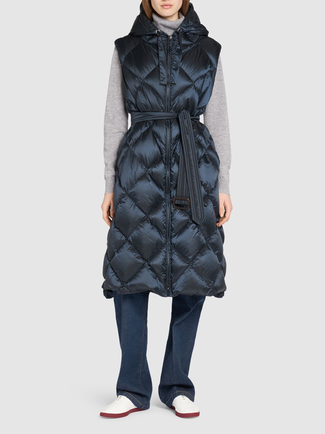 Shop Max Mara Tregil Waterproof Quilted Long Down Vest In Dark Blue