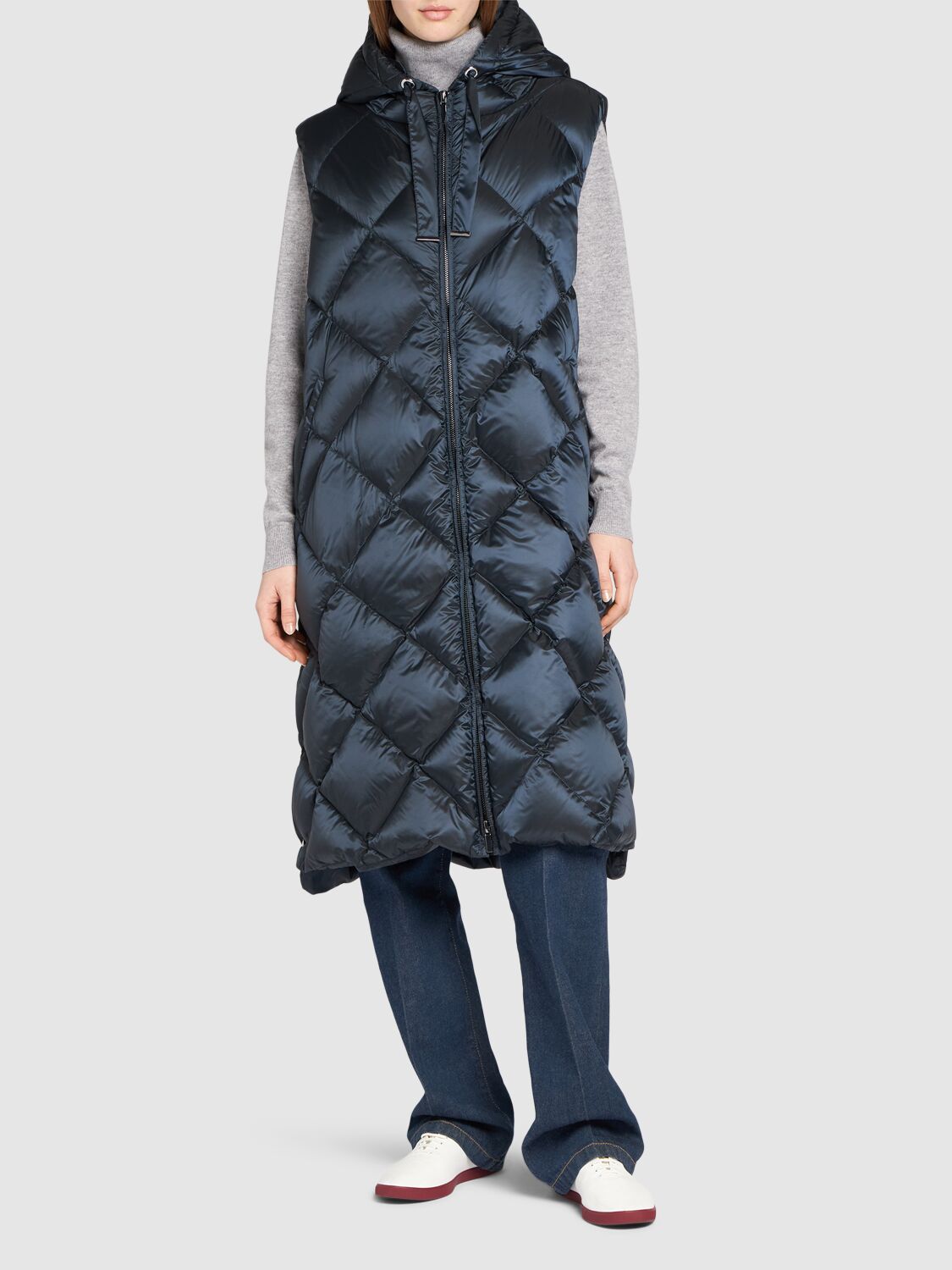 Shop Max Mara Tregil Waterproof Quilted Long Down Vest In Dark Blue