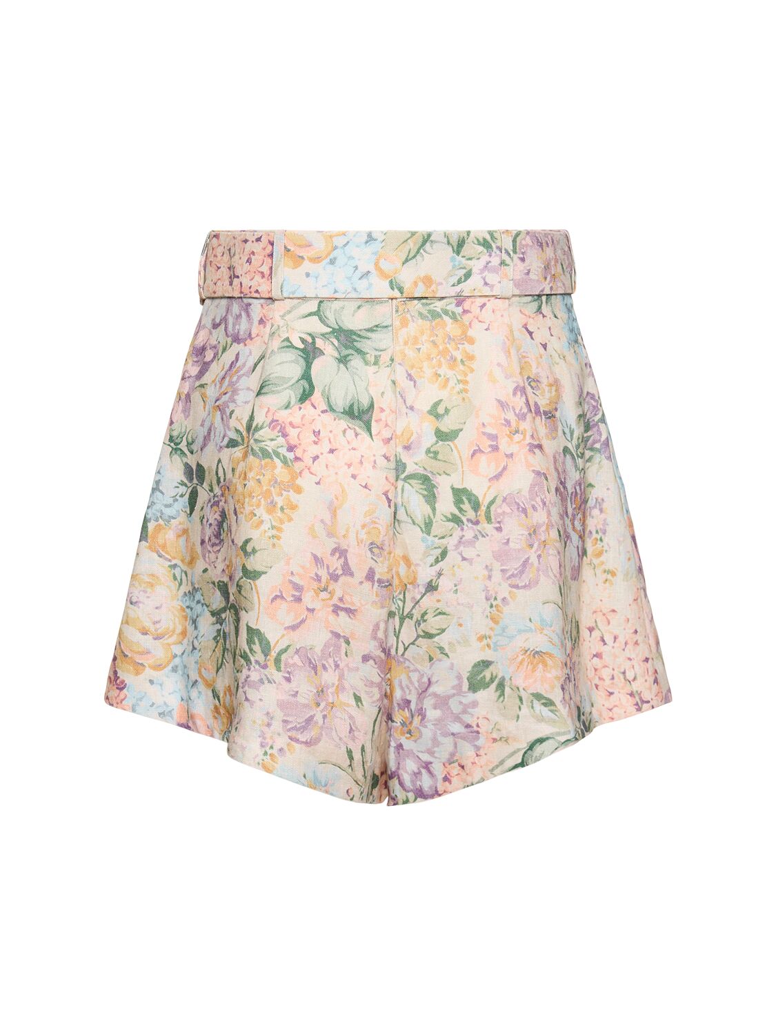 Shop Zimmermann Halliday Printed Linen Tuck Shorts In Pink,multi