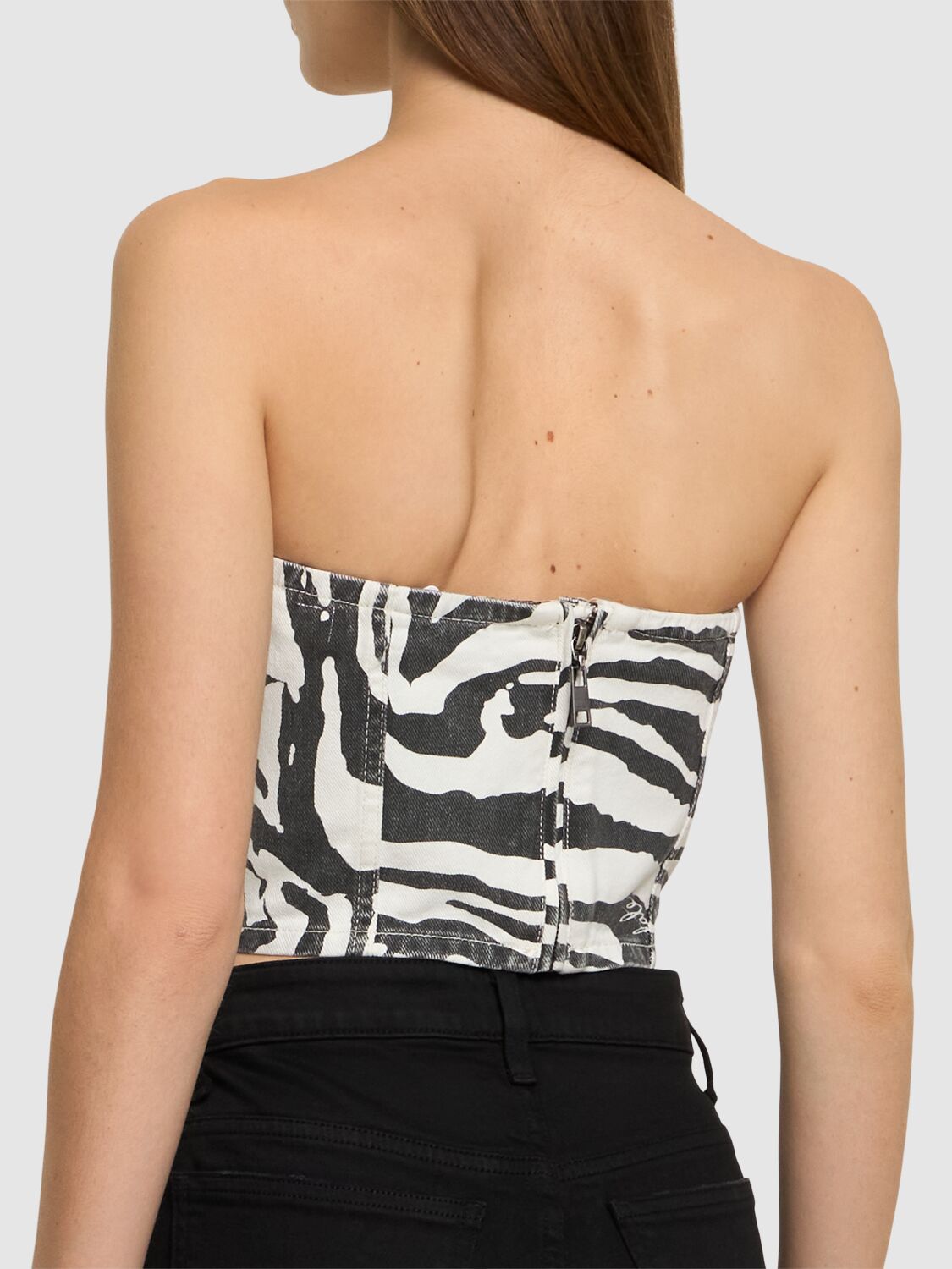 Shop Rotate Birger Christensen Emili Zebra Print Organic Denim Tube Top In Black,white