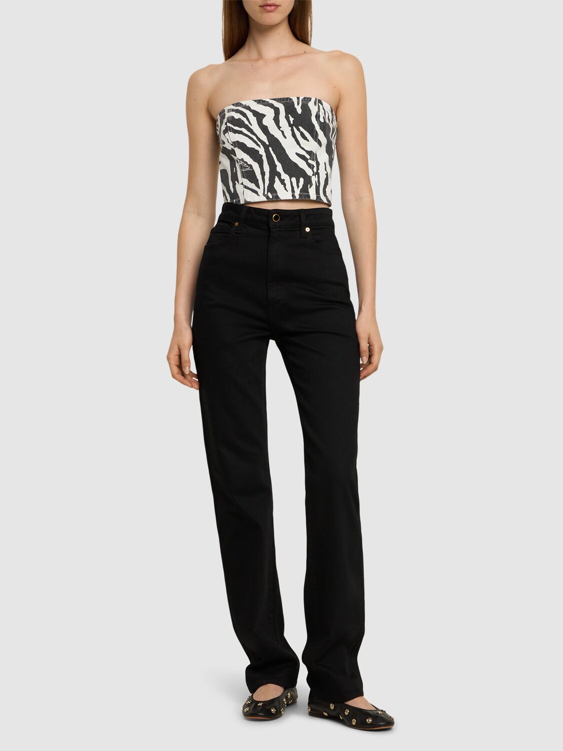 Shop Rotate Birger Christensen Emili Zebra Print Organic Denim Tube Top In Black,white