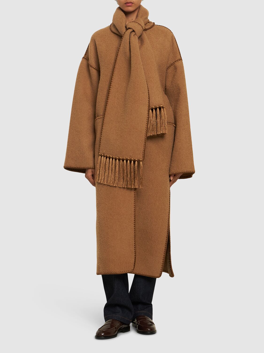 Shop Totême Embroidered Scarf Wool Blend Long Coat In Camel