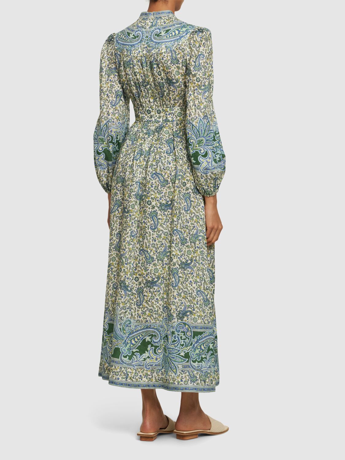 Shop Zimmermann Ottie Printed Linen Long Dress In Green,multi