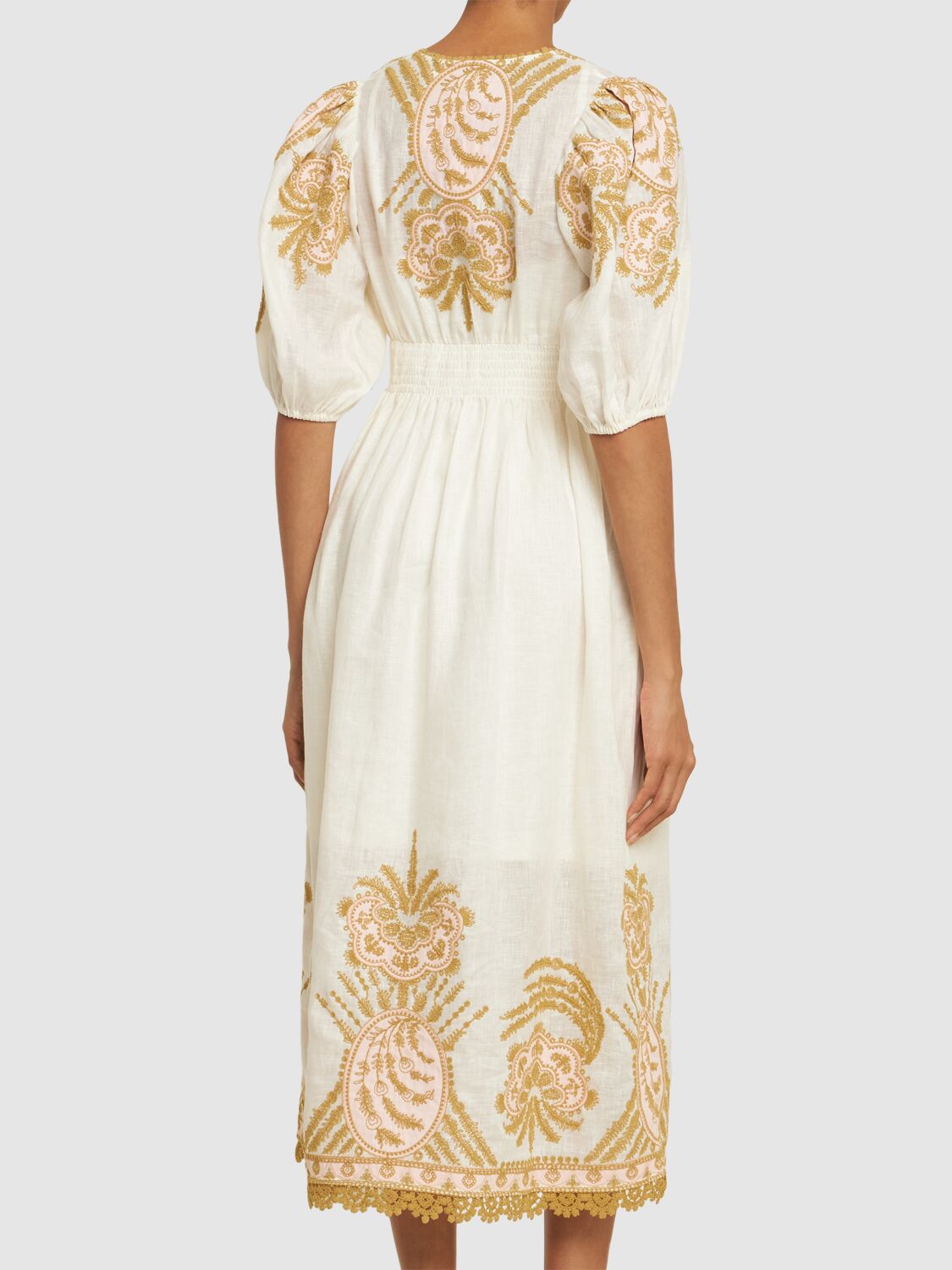 Shop Zimmermann Waverly Linen Embroidered Long Dress In Cream,gold