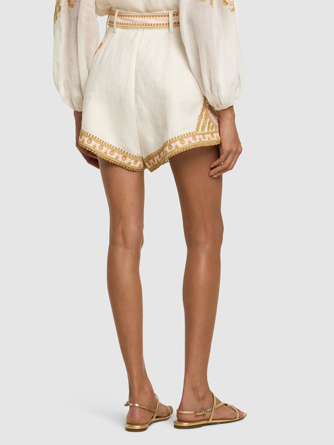 Shop Zimmermann Waverly Linen Embroidered Tuck Shorts In Cream,gold