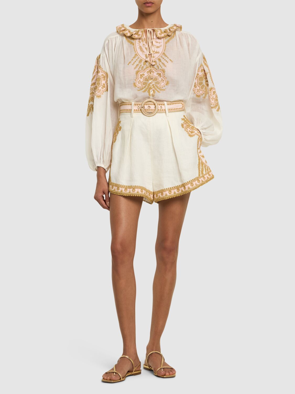 Shop Zimmermann Waverly Linen Embroidered Tuck Shorts In Cream,gold