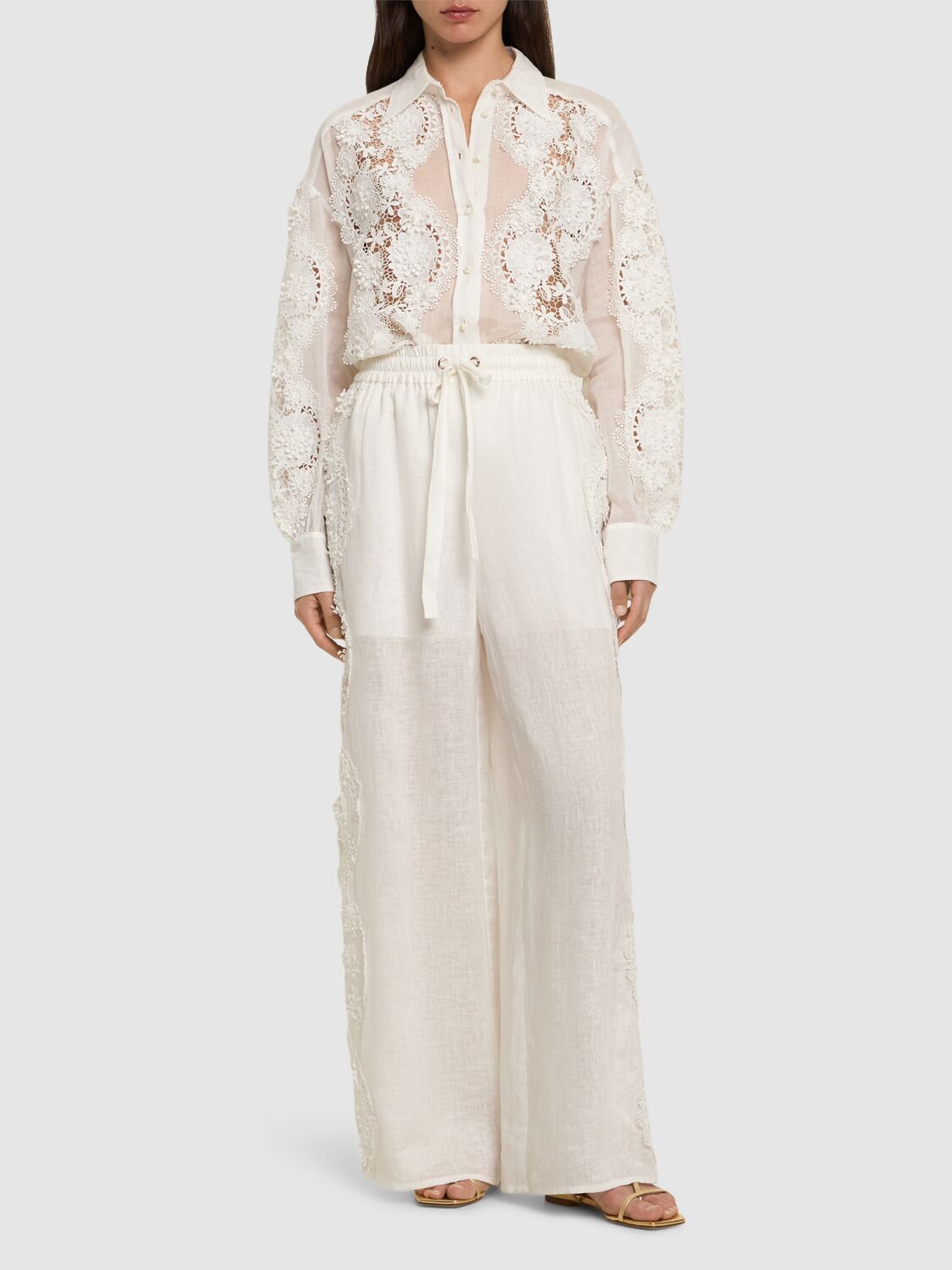 Shop Zimmermann Halliday Ramie Lace Flower Shirt In Ivory